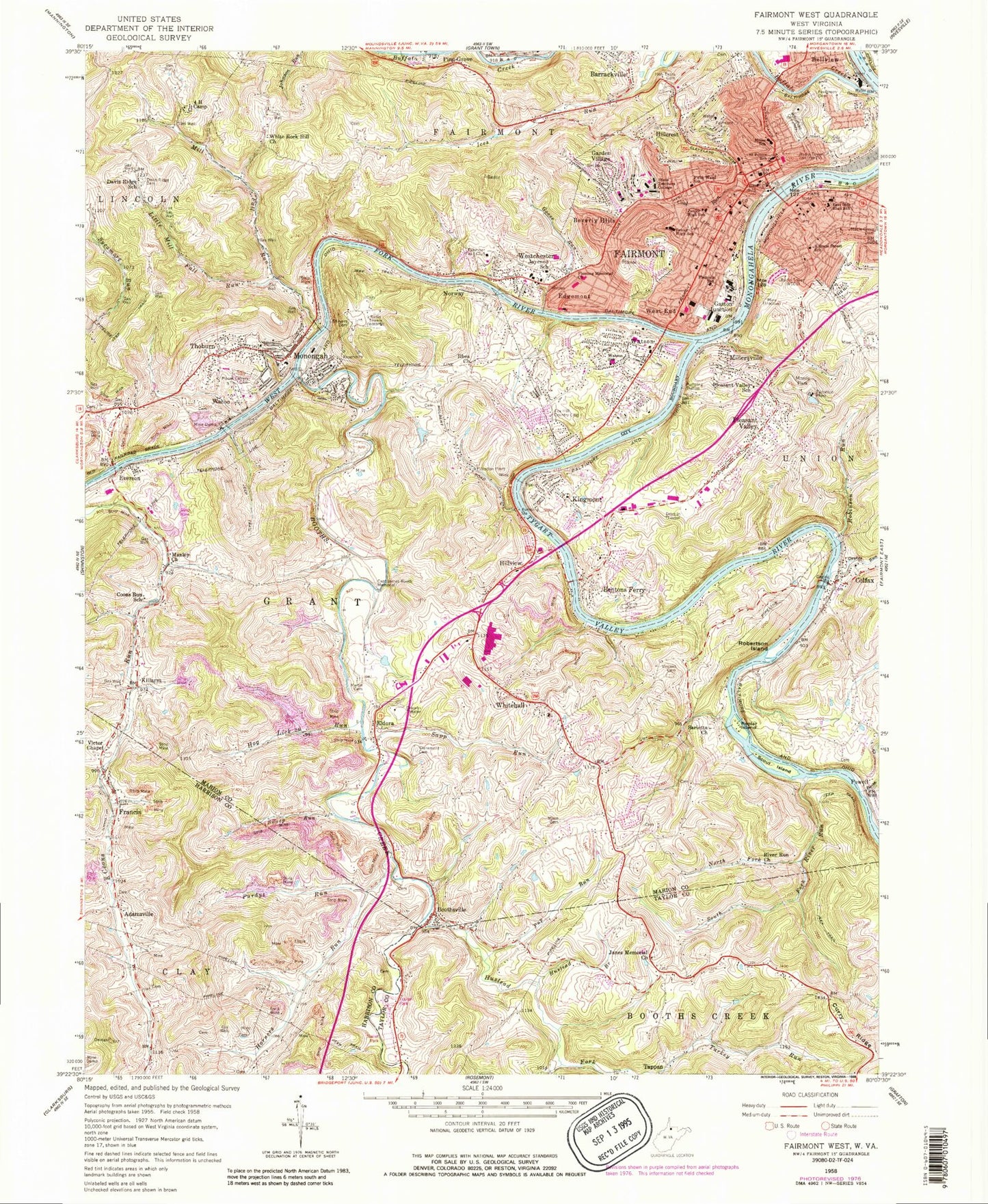 Classic USGS Fairmont West West Virginia 7.5'x7.5' Topo Map Image