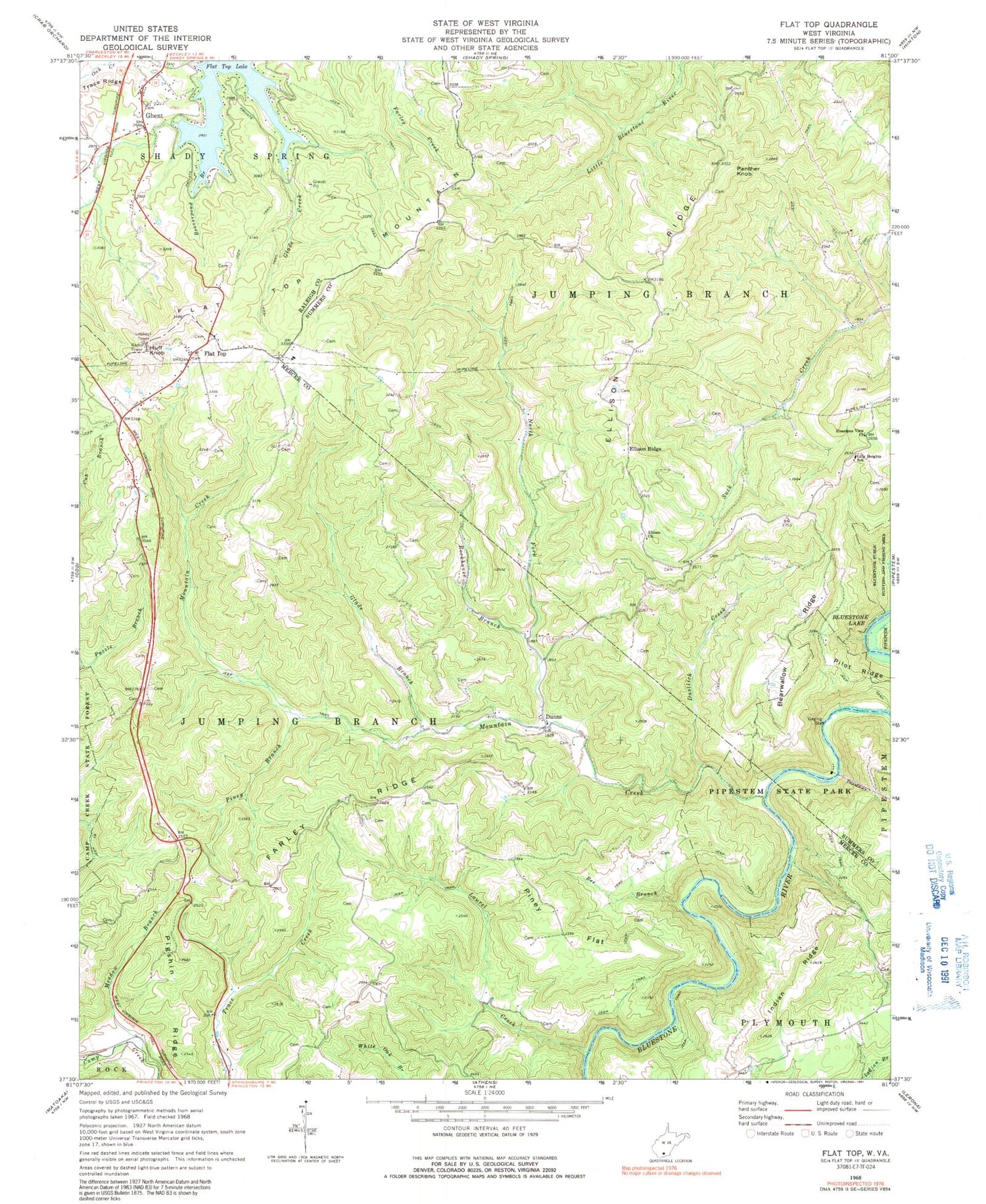 Classic USGS Flat Top West Virginia 7.5'x7.5' Topo Map Image