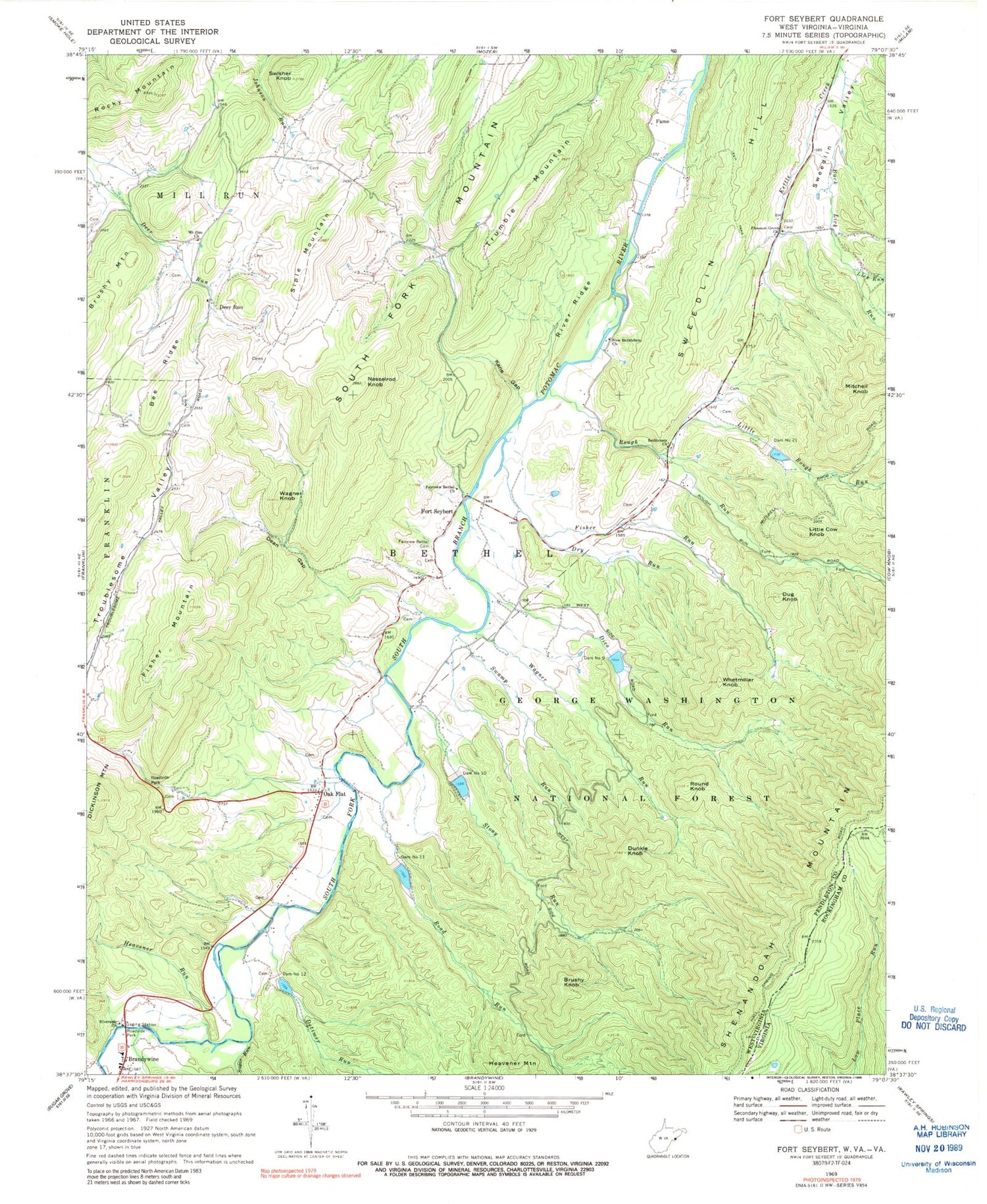 Classic USGS Fort Seybert West Virginia 7.5'x7.5' Topo Map Image