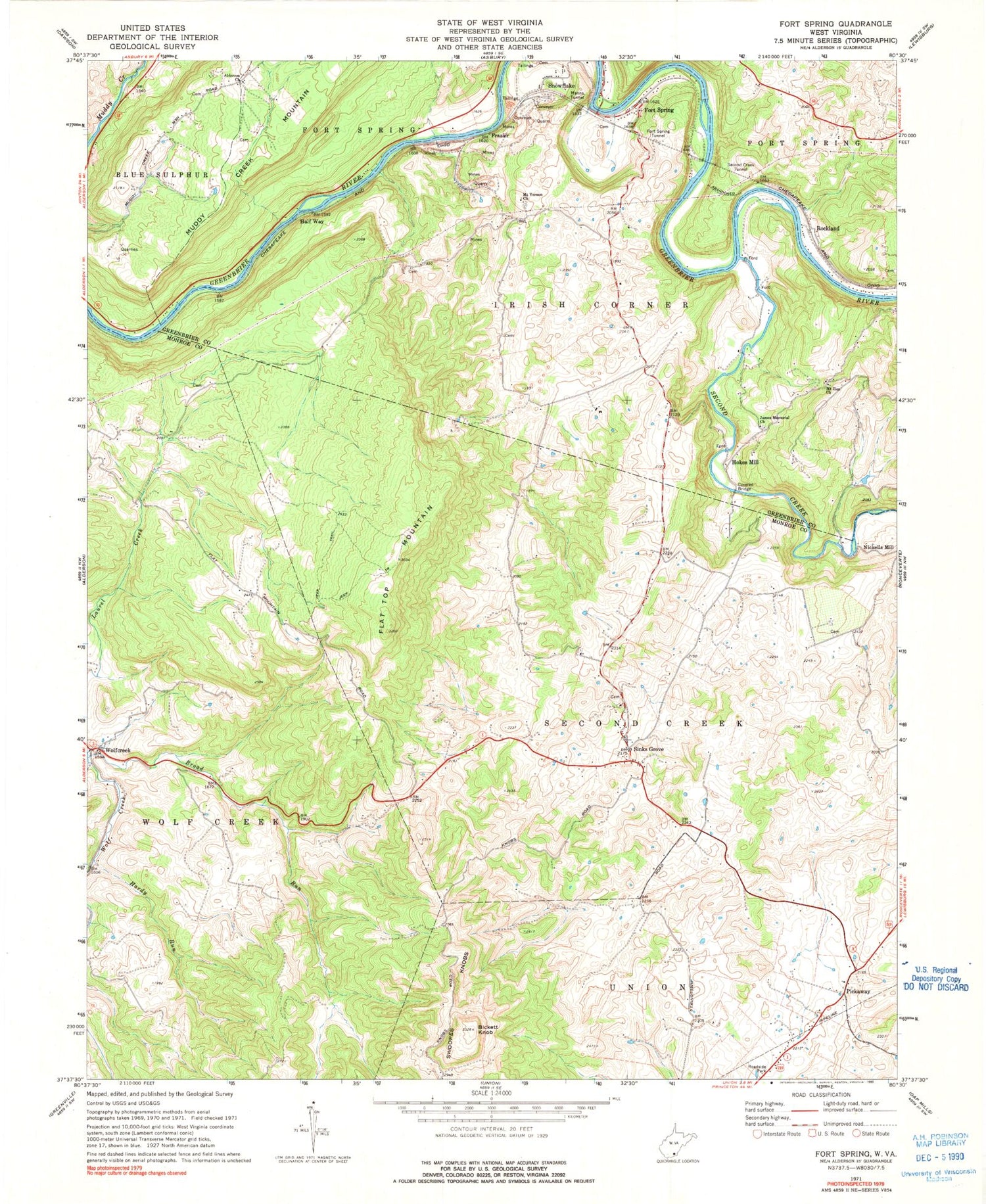Classic USGS Fort Spring West Virginia 7.5'x7.5' Topo Map Image
