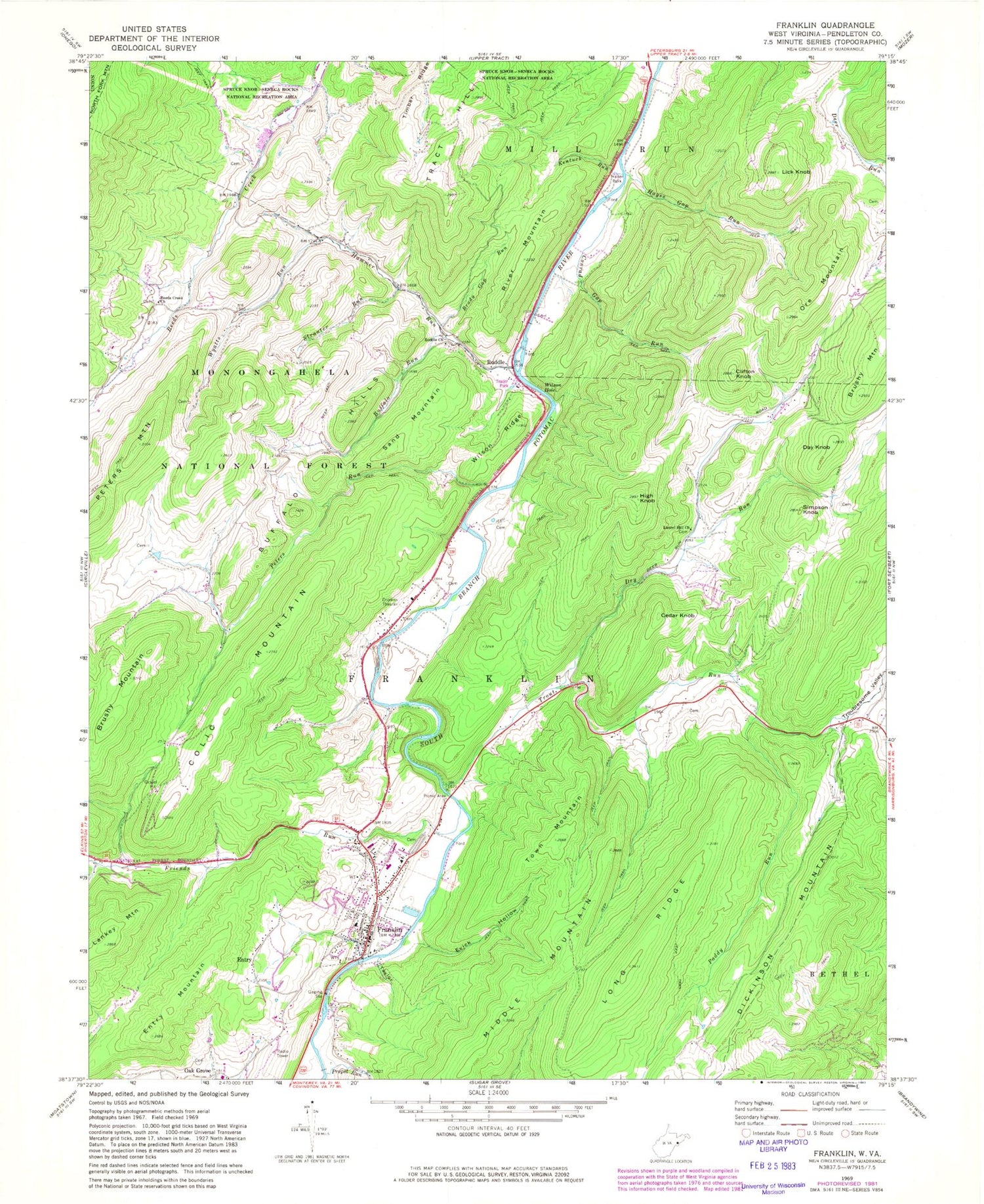 Classic USGS Franklin West Virginia 7.5'x7.5' Topo Map Image
