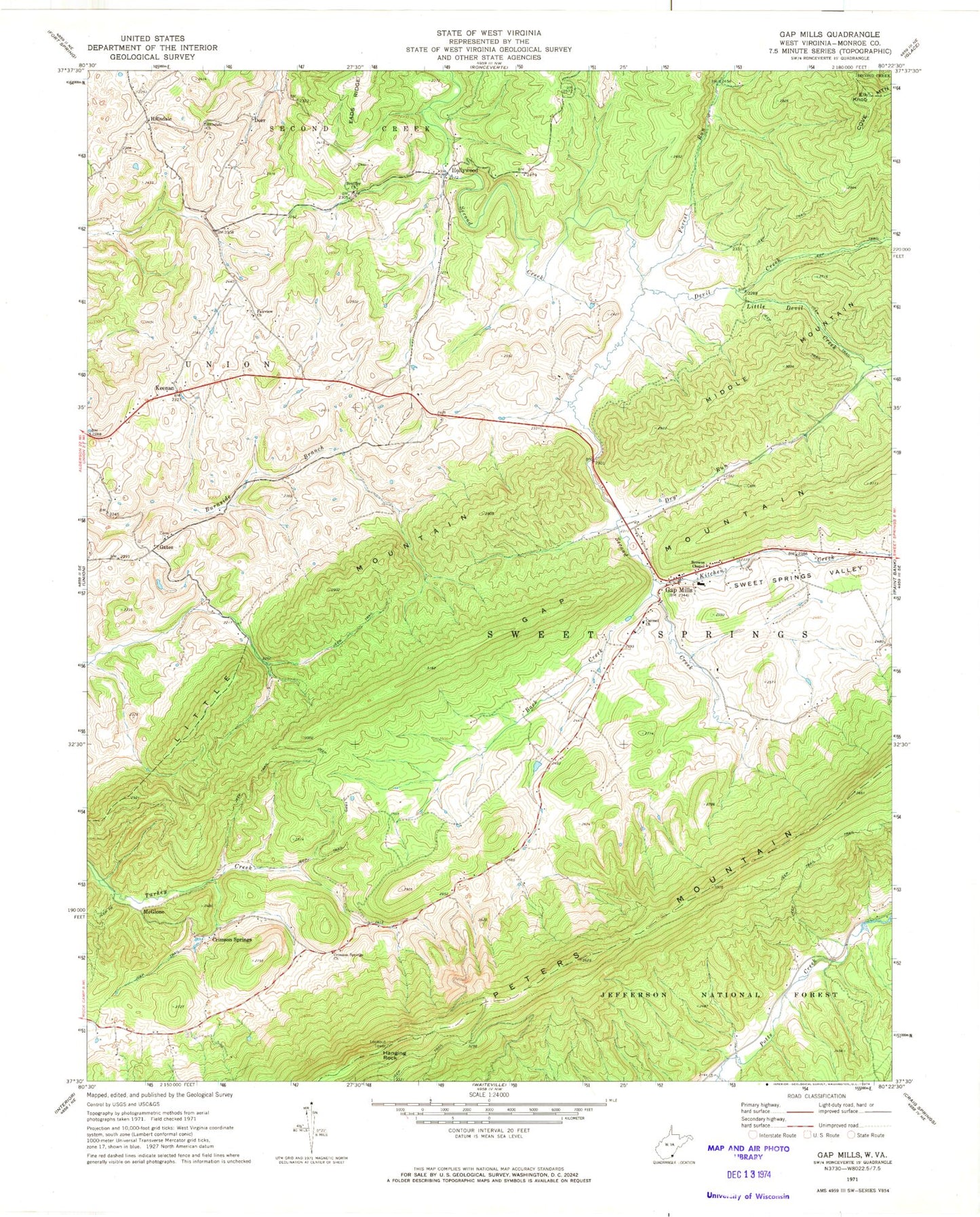 Classic USGS Gap Mills West Virginia 7.5'x7.5' Topo Map Image