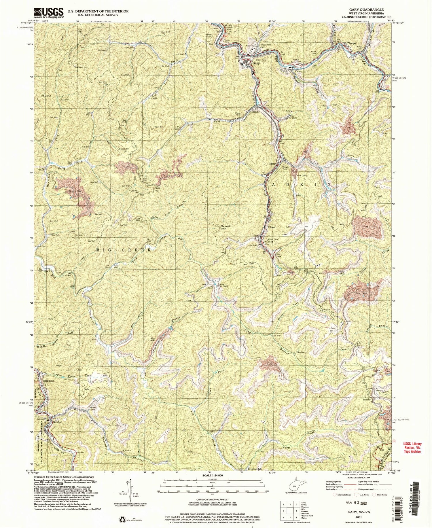 Classic USGS Gary West Virginia 7.5'x7.5' Topo Map Image