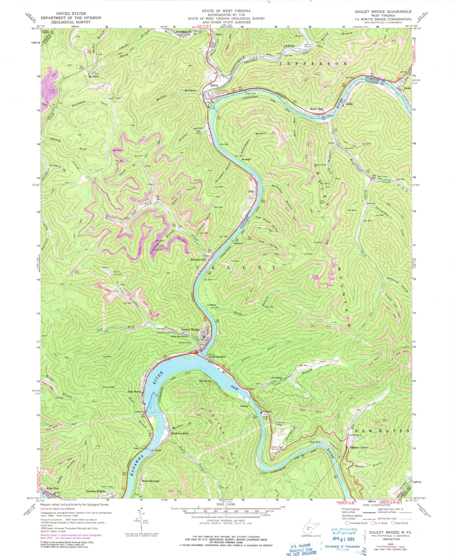 Classic USGS Gauley Bridge West Virginia 7.5'x7.5' Topo Map Image