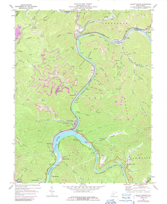 Classic USGS Gauley Bridge West Virginia 7.5'x7.5' Topo Map Image