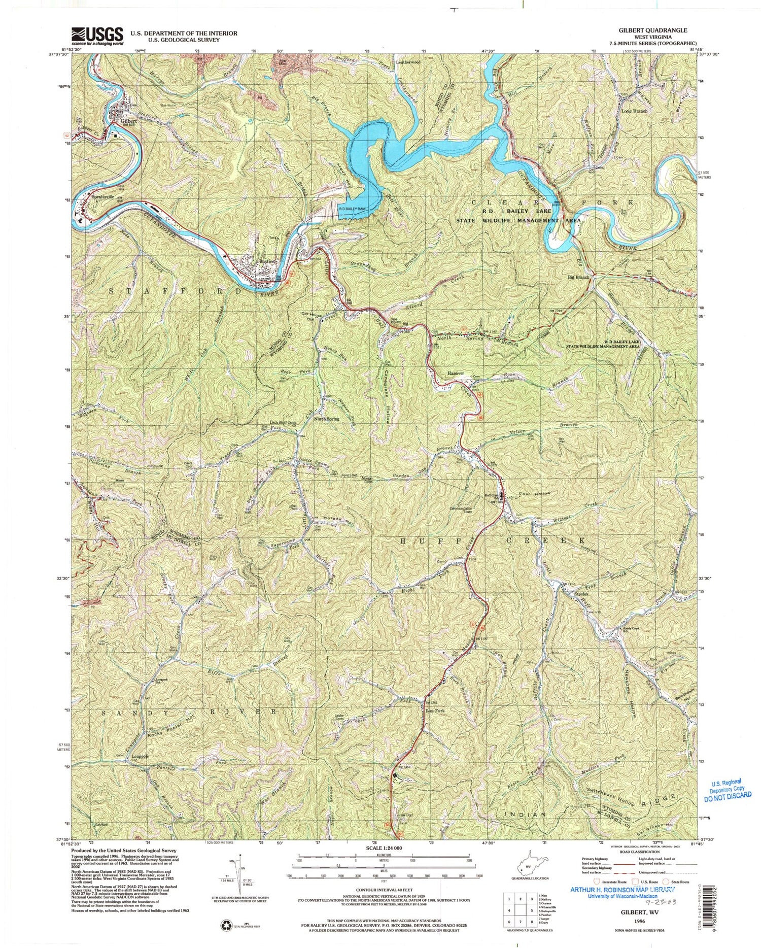 Classic USGS Gilbert West Virginia 7.5'x7.5' Topo Map Image