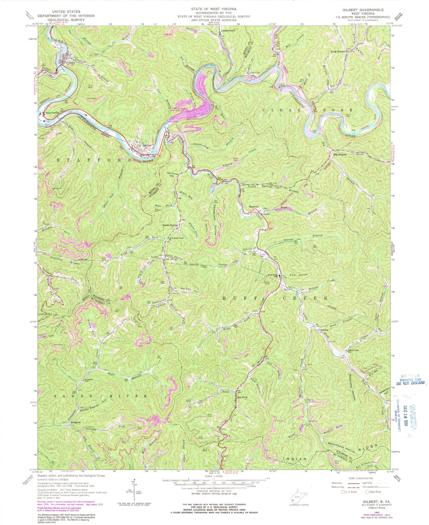 Classic USGS Gilbert West Virginia 7.5'x7.5' Topo Map Image