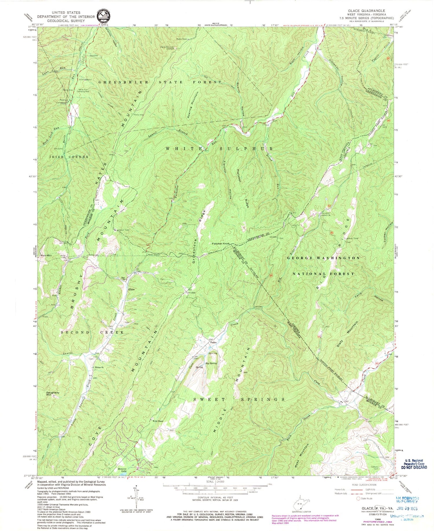 Classic USGS Glace West Virginia 7.5'x7.5' Topo Map Image