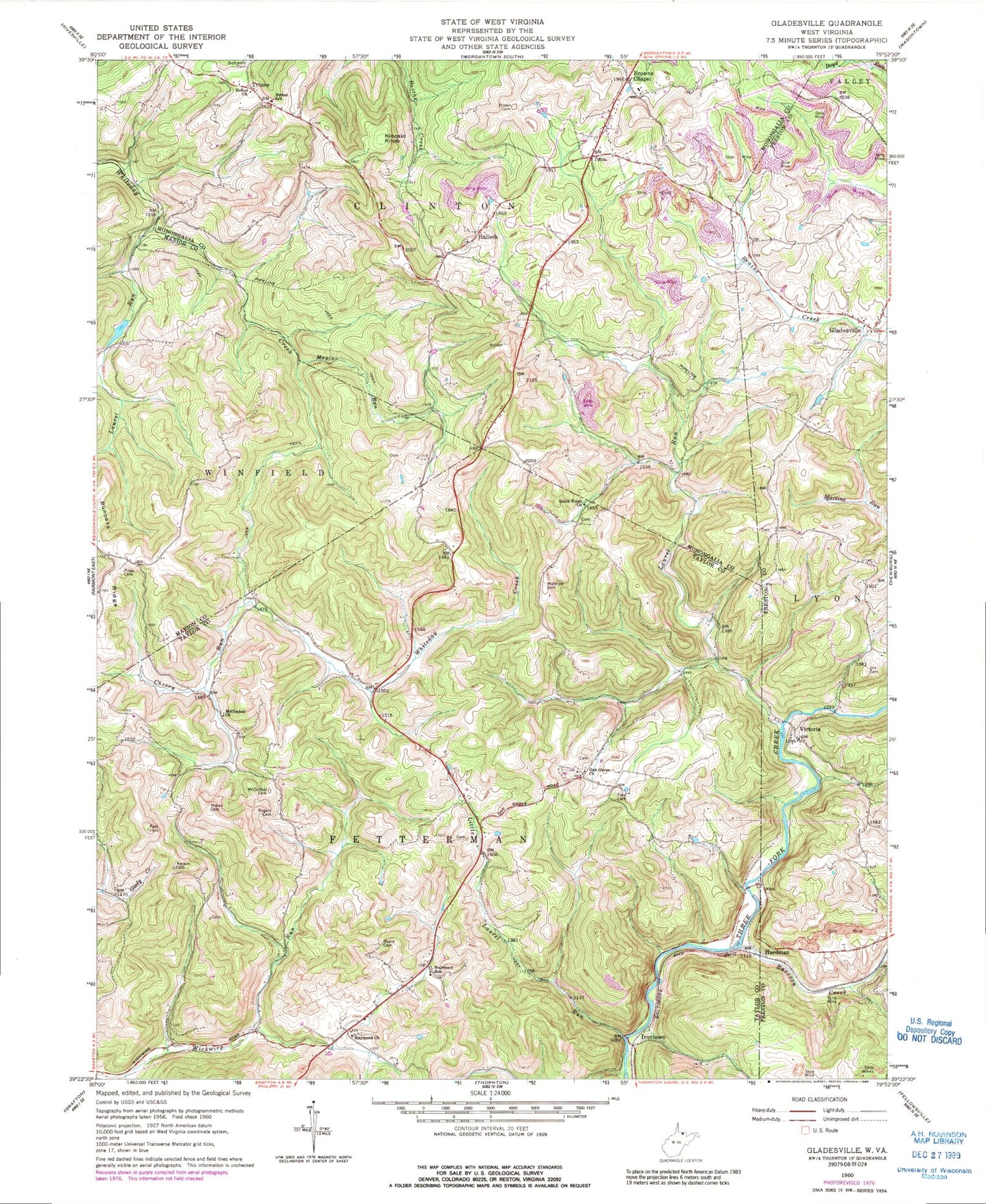 Classic USGS Gladesville West Virginia 7.5'x7.5' Topo Map Image