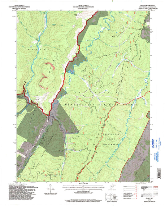 Classic USGS Glady West Virginia 7.5'x7.5' Topo Map Image