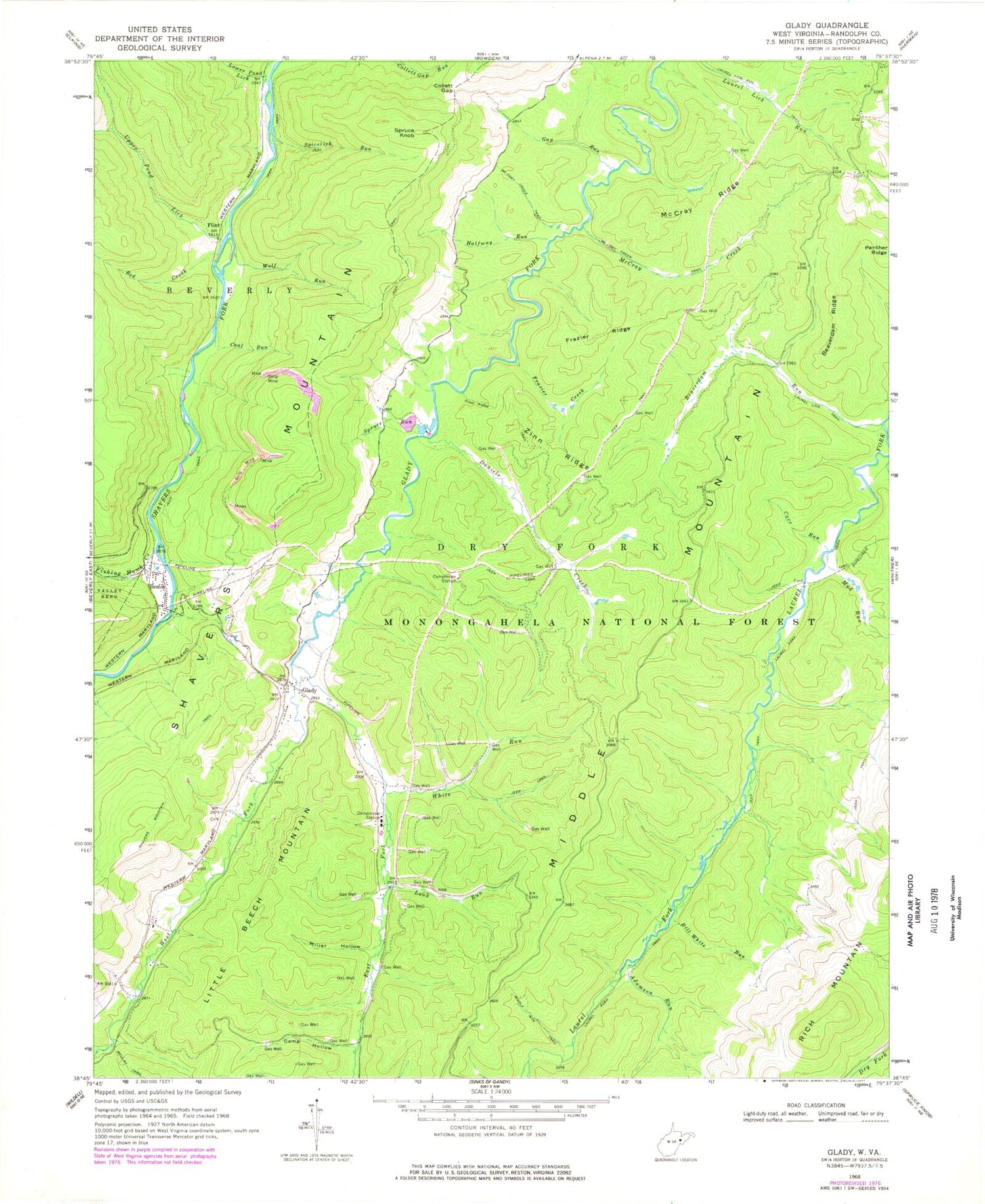 Classic USGS Glady West Virginia 7.5'x7.5' Topo Map Image