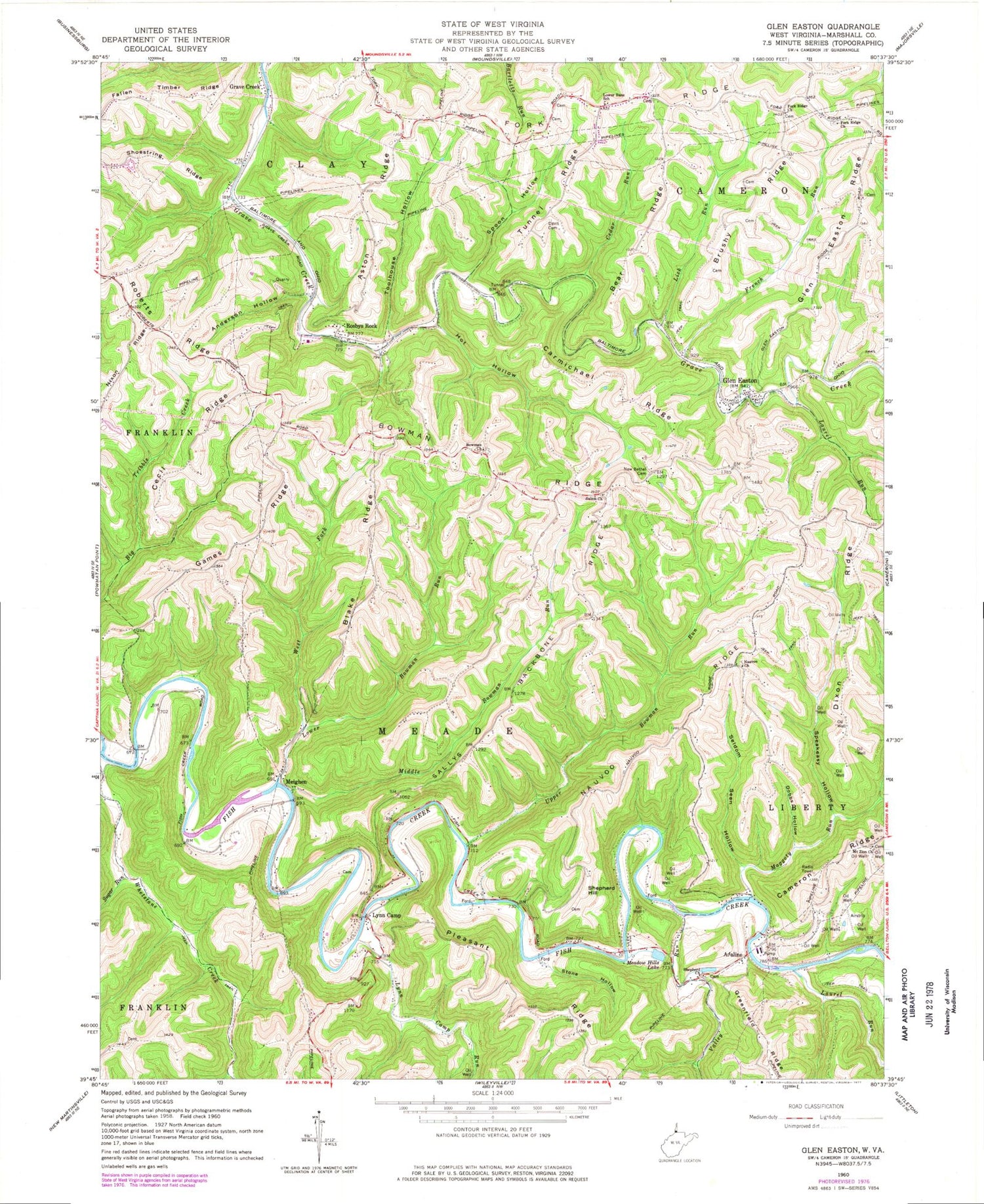 Classic USGS Glen Easton West Virginia 7.5'x7.5' Topo Map Image
