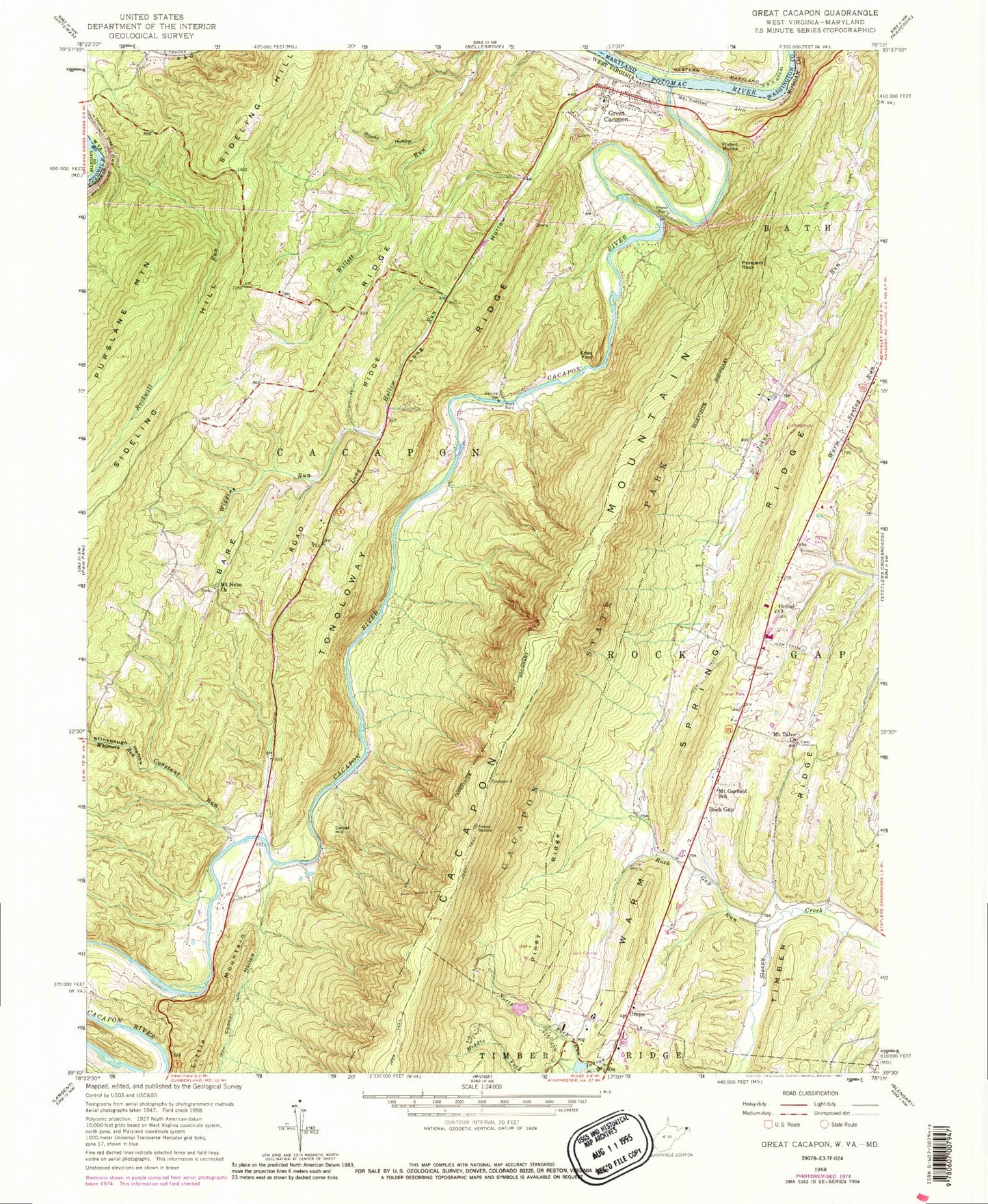 Classic USGS Great Cacapon West Virginia 7.5'x7.5' Topo Map Image