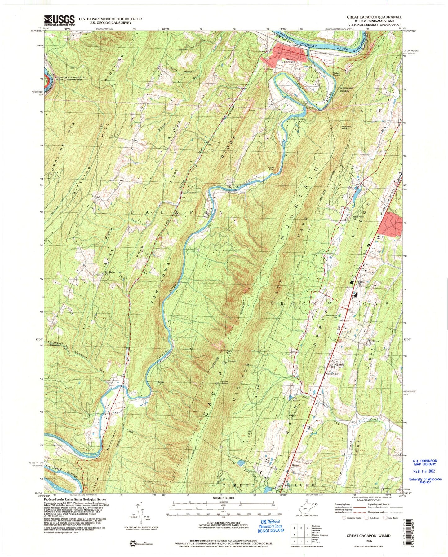 Classic USGS Great Cacapon West Virginia 7.5'x7.5' Topo Map Image