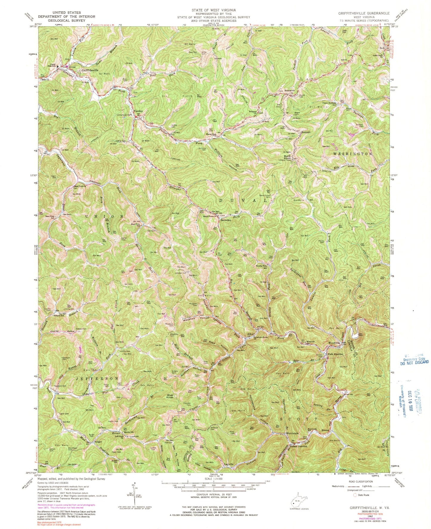 Classic USGS Griffithsville West Virginia 7.5'x7.5' Topo Map Image