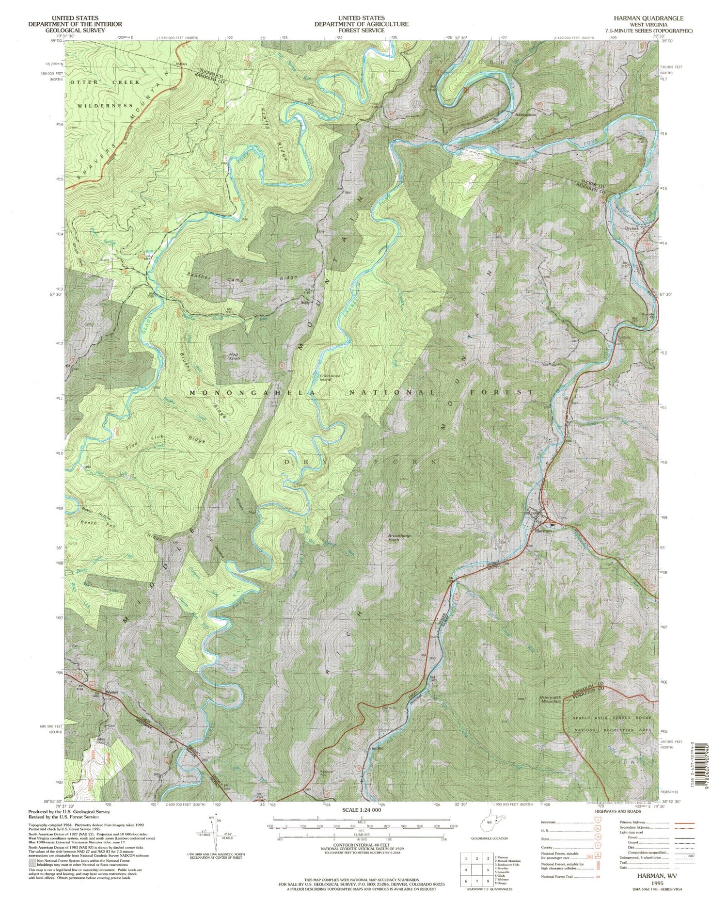 Classic USGS Harman West Virginia 7.5'x7.5' Topo Map Image