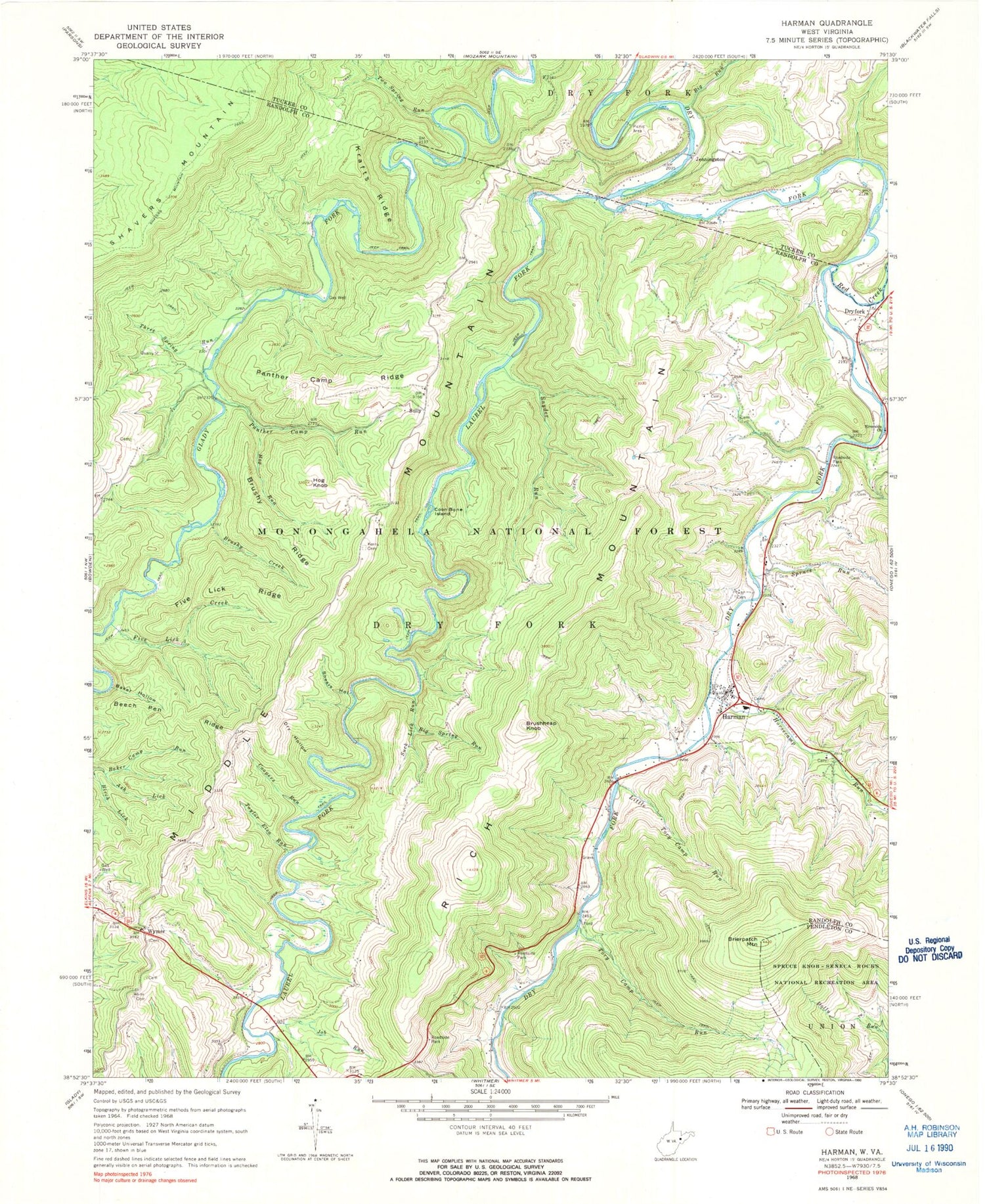Classic USGS Harman West Virginia 7.5'x7.5' Topo Map Image