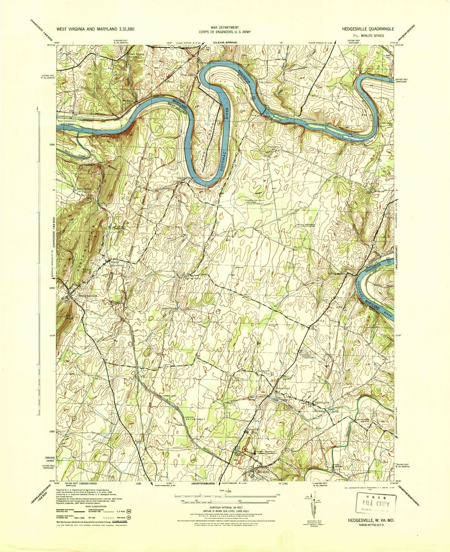 Classic USGS Hedgesville West Virginia 7.5'x7.5' Topo Map Image