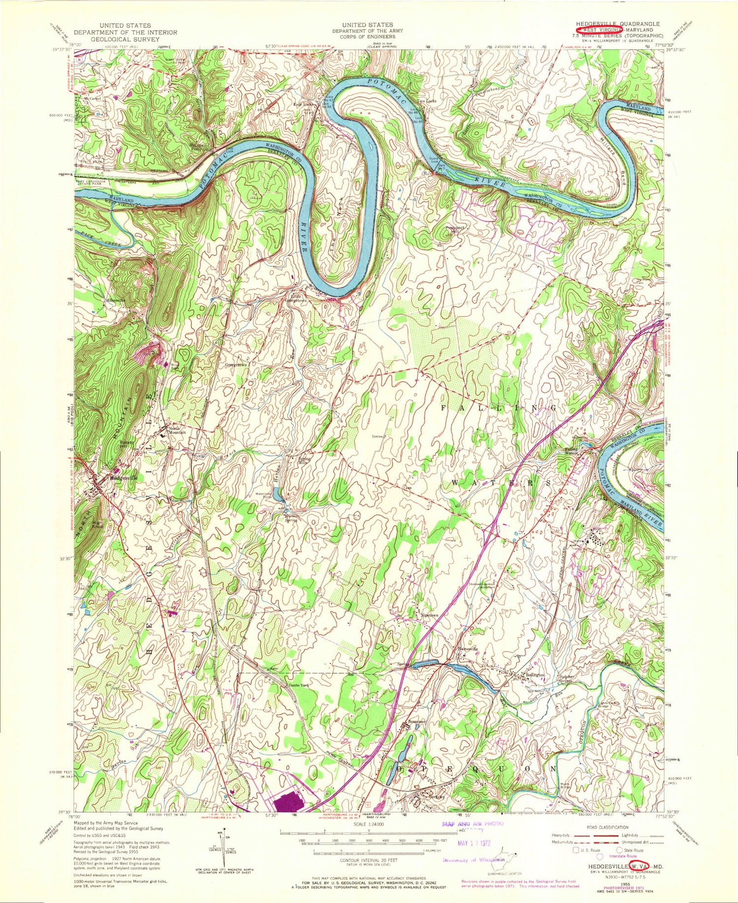 Classic USGS Hedgesville West Virginia 7.5'x7.5' Topo Map Image