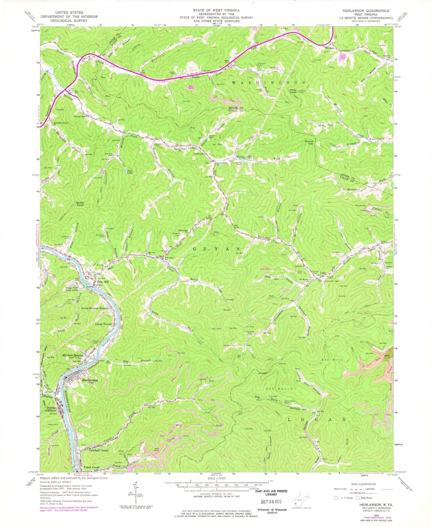 Classic USGS Henlawson West Virginia 7.5'x7.5' Topo Map Image