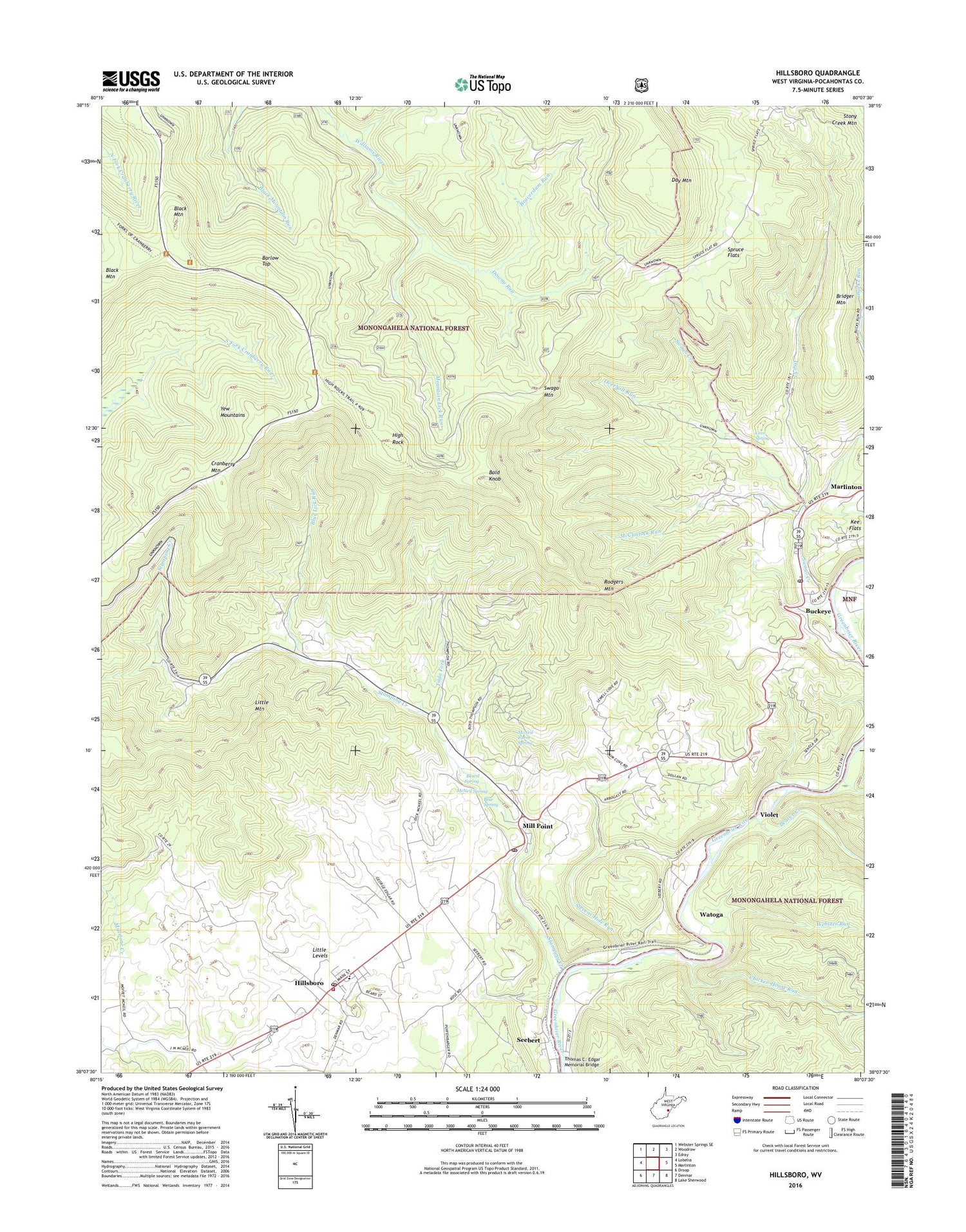 Hillsboro West Virginia US Topo Map Image