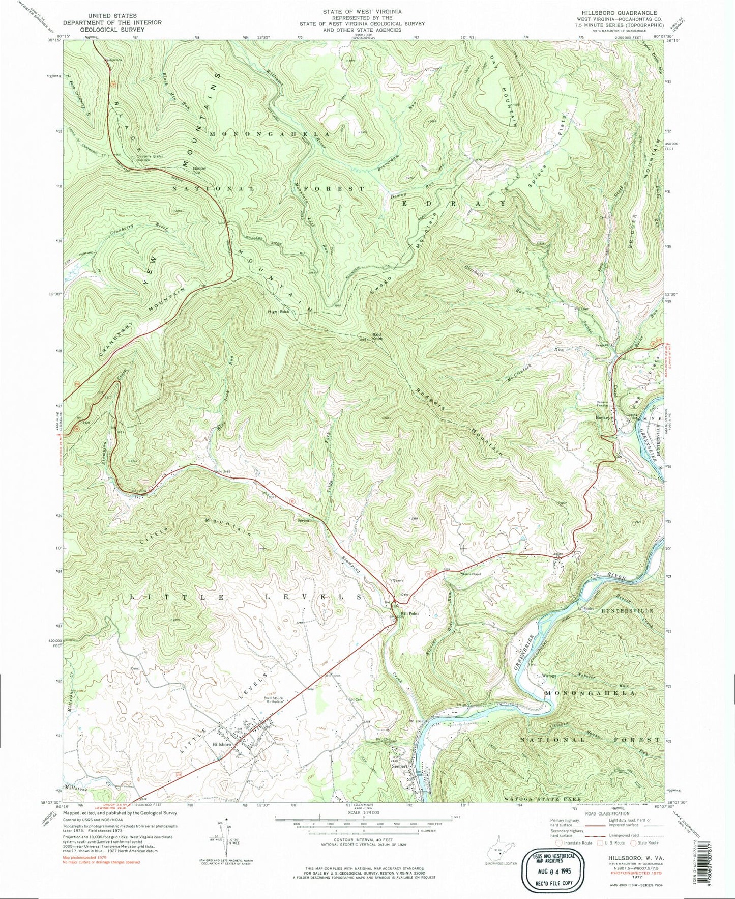Classic USGS Hillsboro West Virginia 7.5'x7.5' Topo Map Image