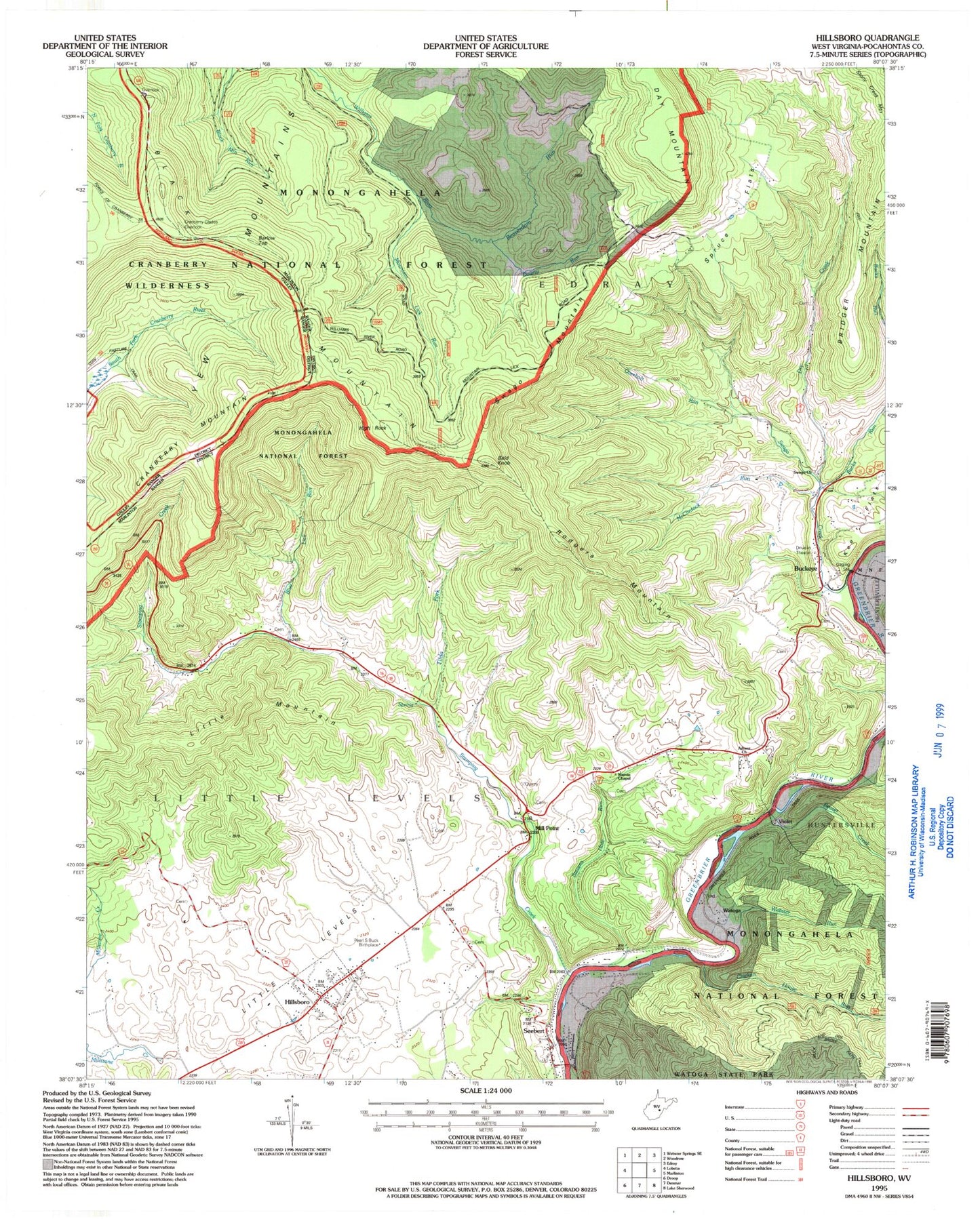 Classic USGS Hillsboro West Virginia 7.5'x7.5' Topo Map Image