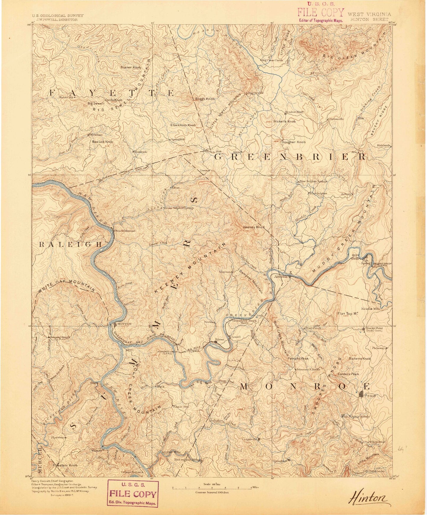 Historic 1887 Hinton West Virginia 30'x30' Topo Map Image