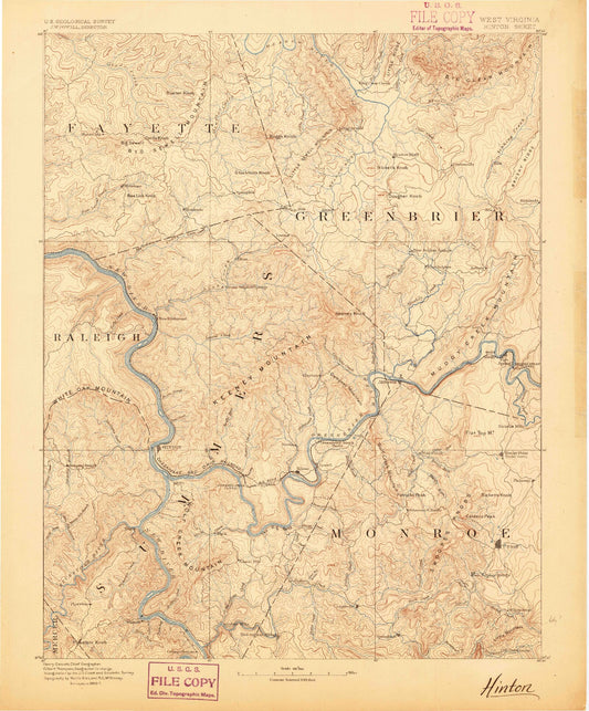 Historic 1887 Hinton West Virginia 30'x30' Topo Map Image