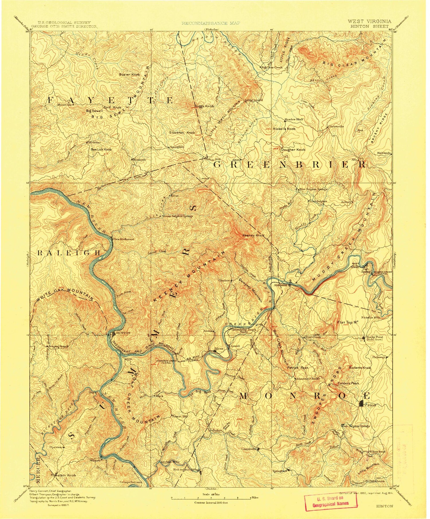 Historic 1892 Hinton West Virginia 30'x30' Topo Map Image