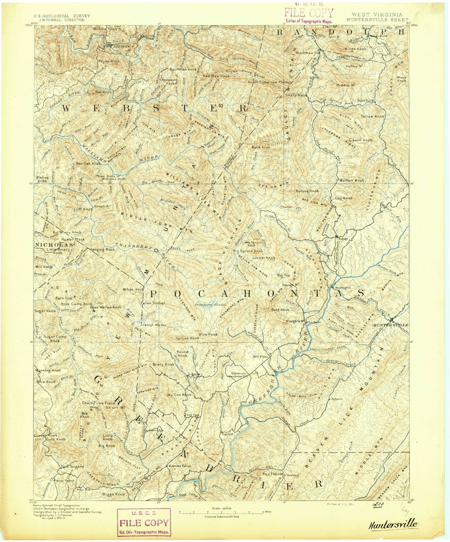 Historic 1891 Huntersville West Virginia 30'x30' Topo Map Image