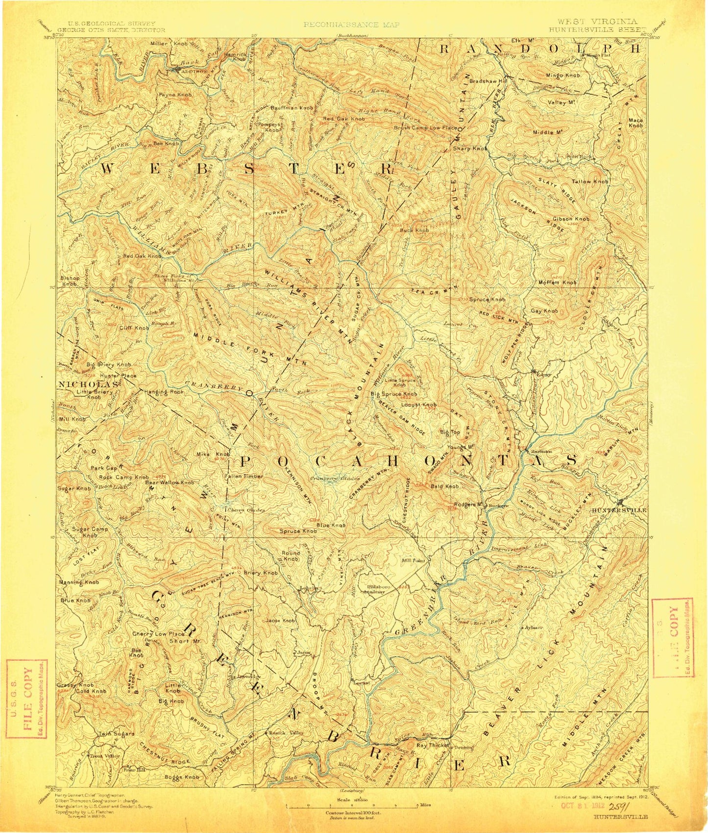 Historic 1894 Huntersville West Virginia 30'x30' Topo Map Image