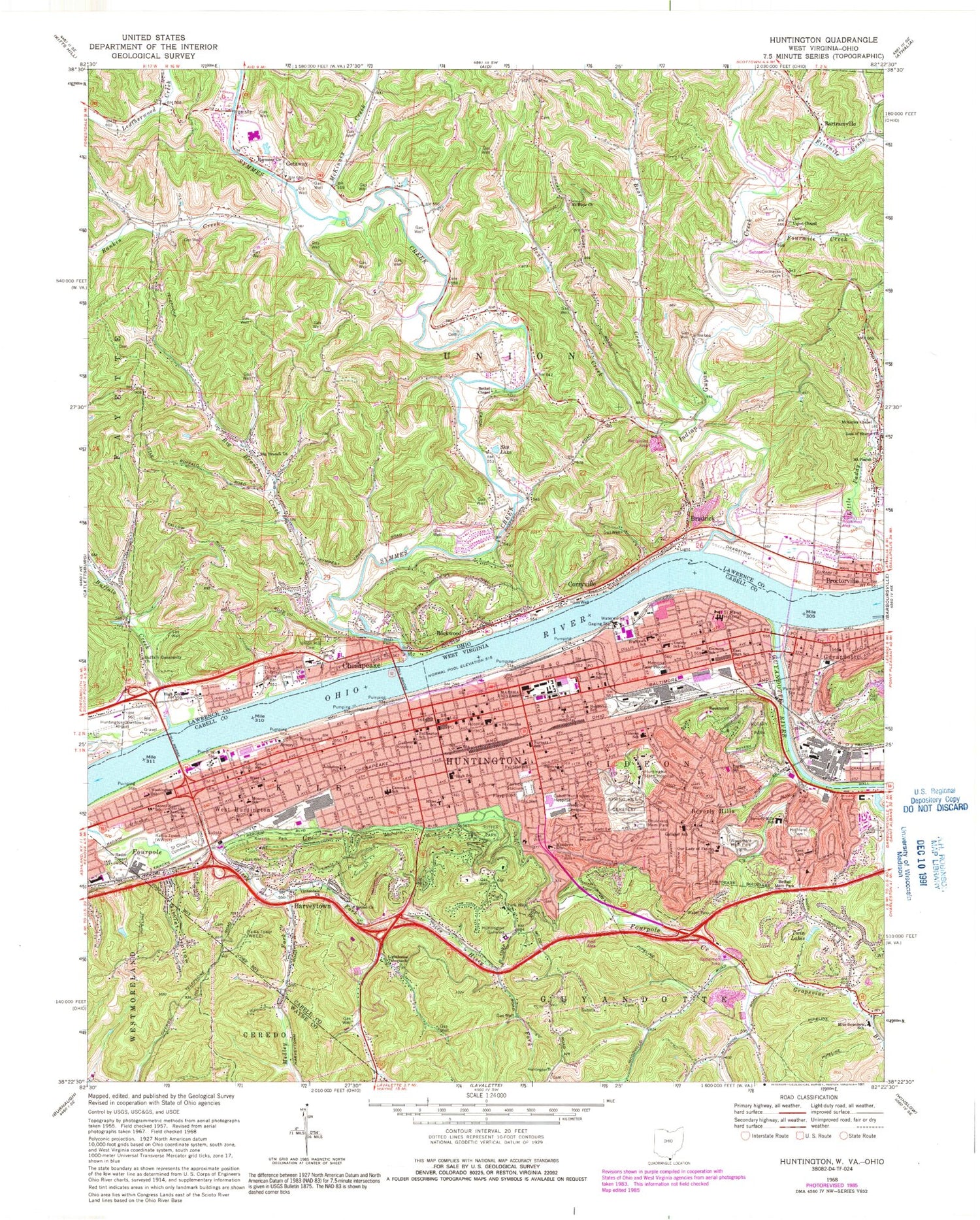 Classic USGS Huntington West Virginia 7.5'x7.5' Topo Map Image