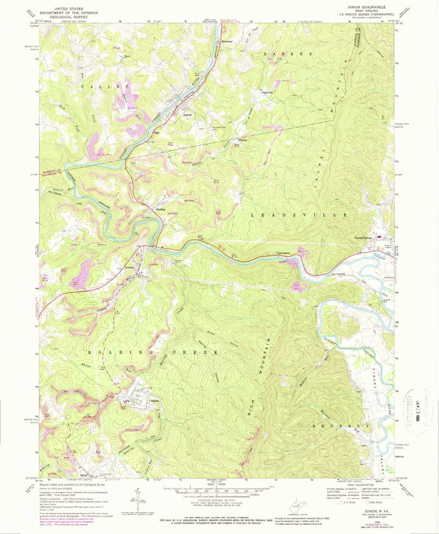 Classic USGS Junior West Virginia 7.5'x7.5' Topo Map Image