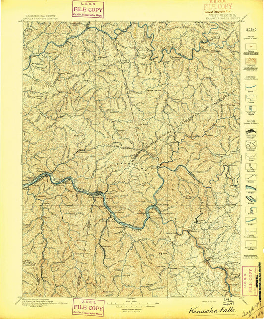 Historic 1897 Kanawha Falls West Virginia 30'x30' Topo Map Image