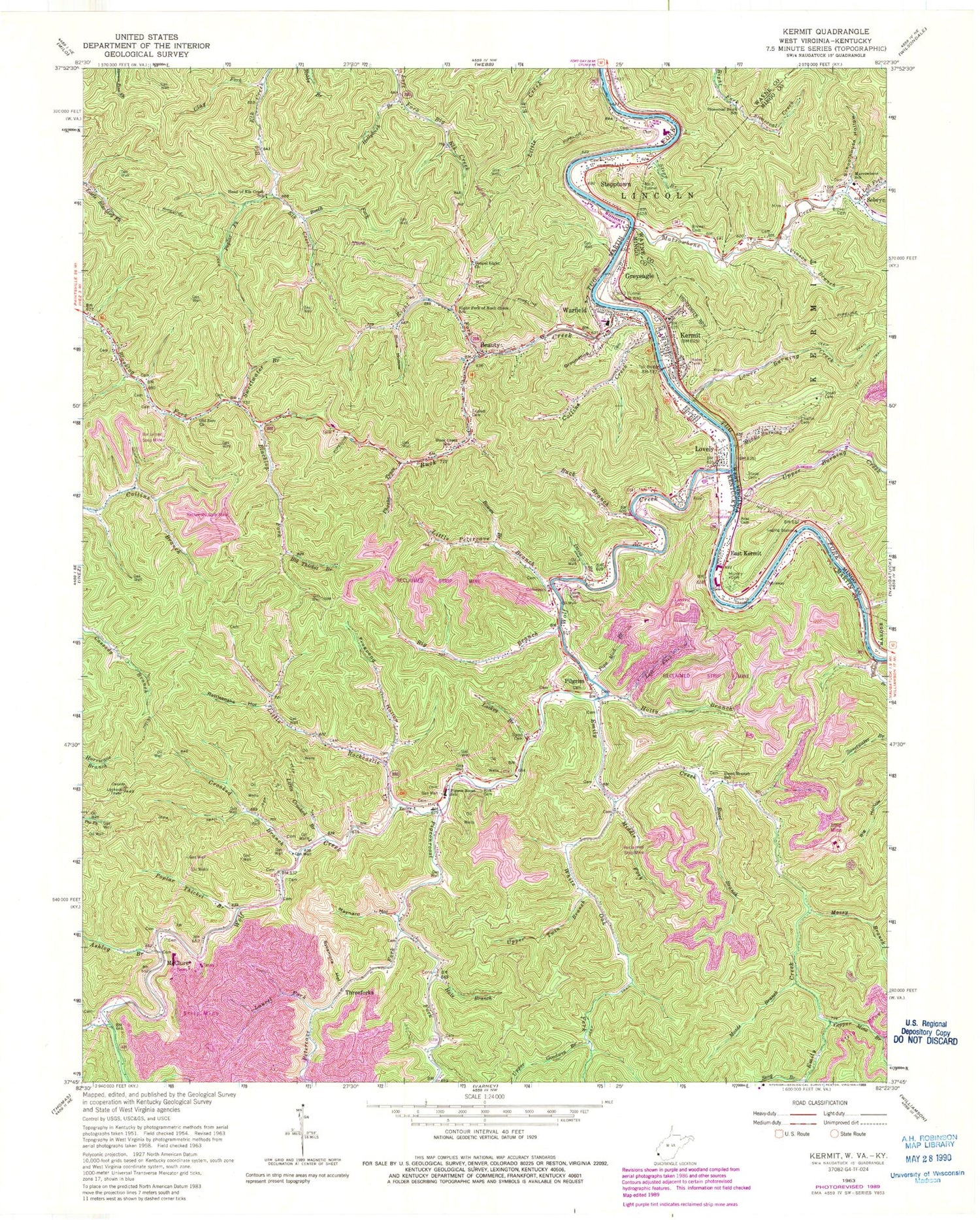 Classic USGS Kermit West Virginia 7.5'x7.5' Topo Map Image