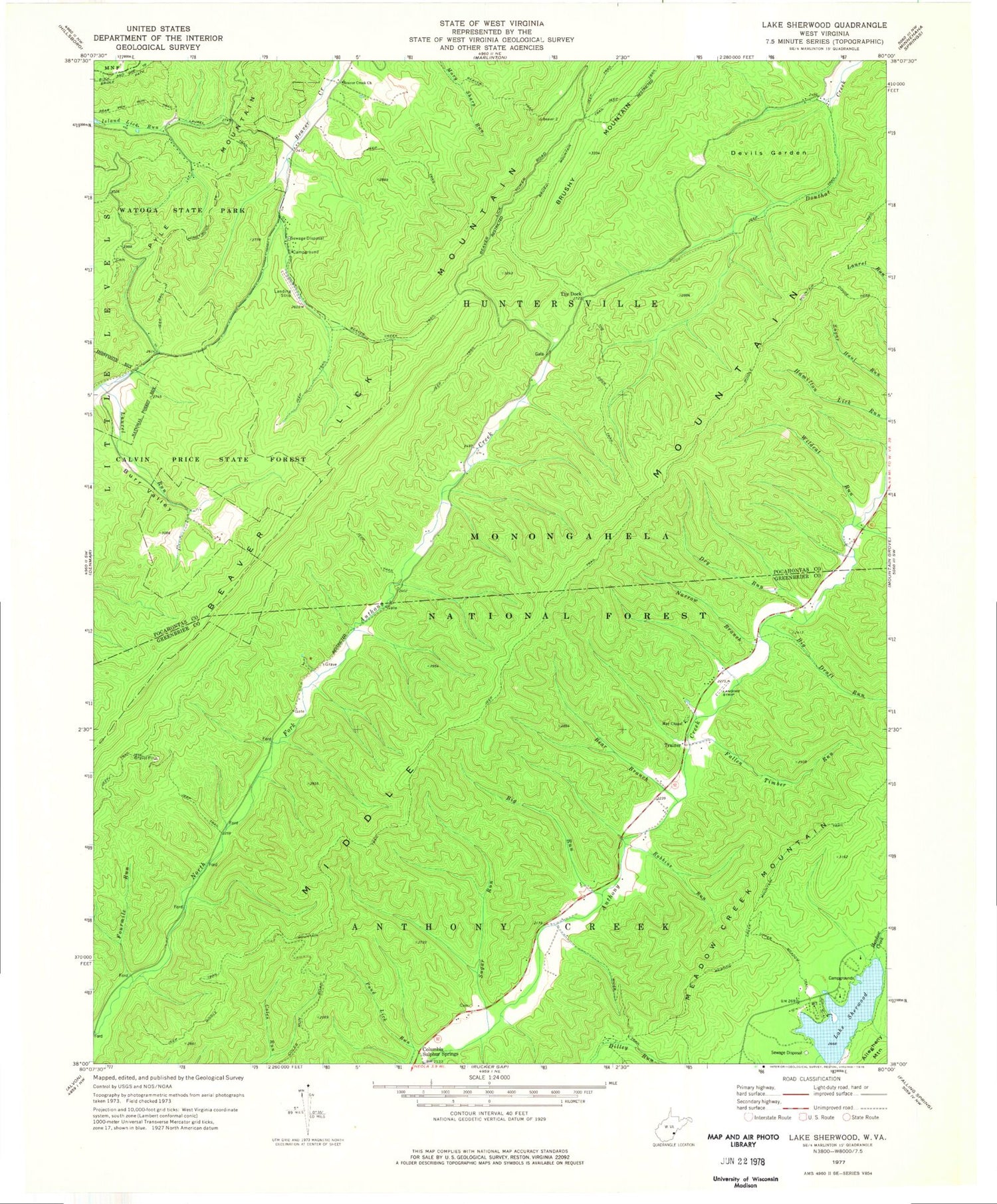 Classic USGS Lake Sherwood West Virginia 7.5'x7.5' Topo Map Image