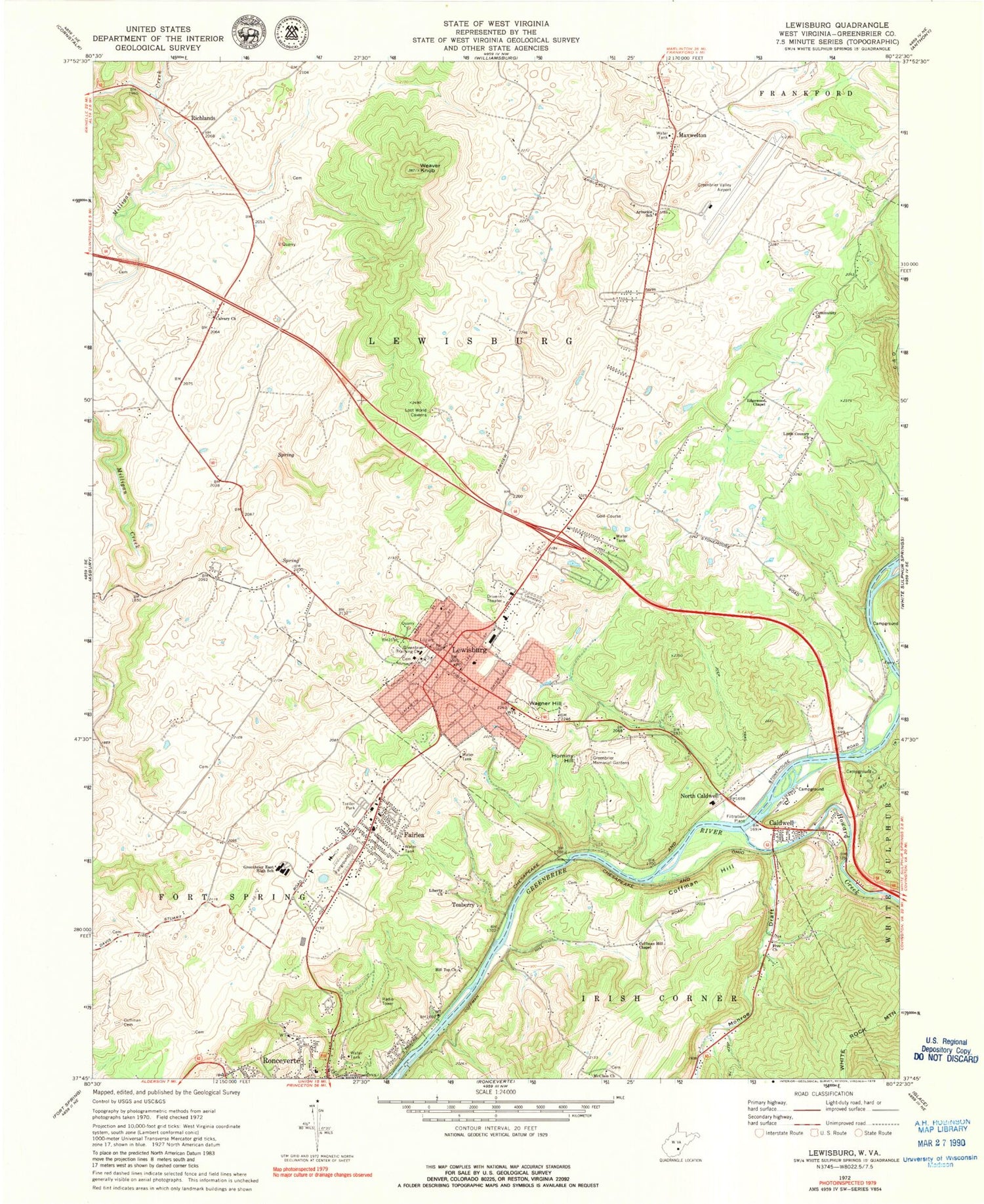 Classic USGS Lewisburg West Virginia 7.5'x7.5' Topo Map Image