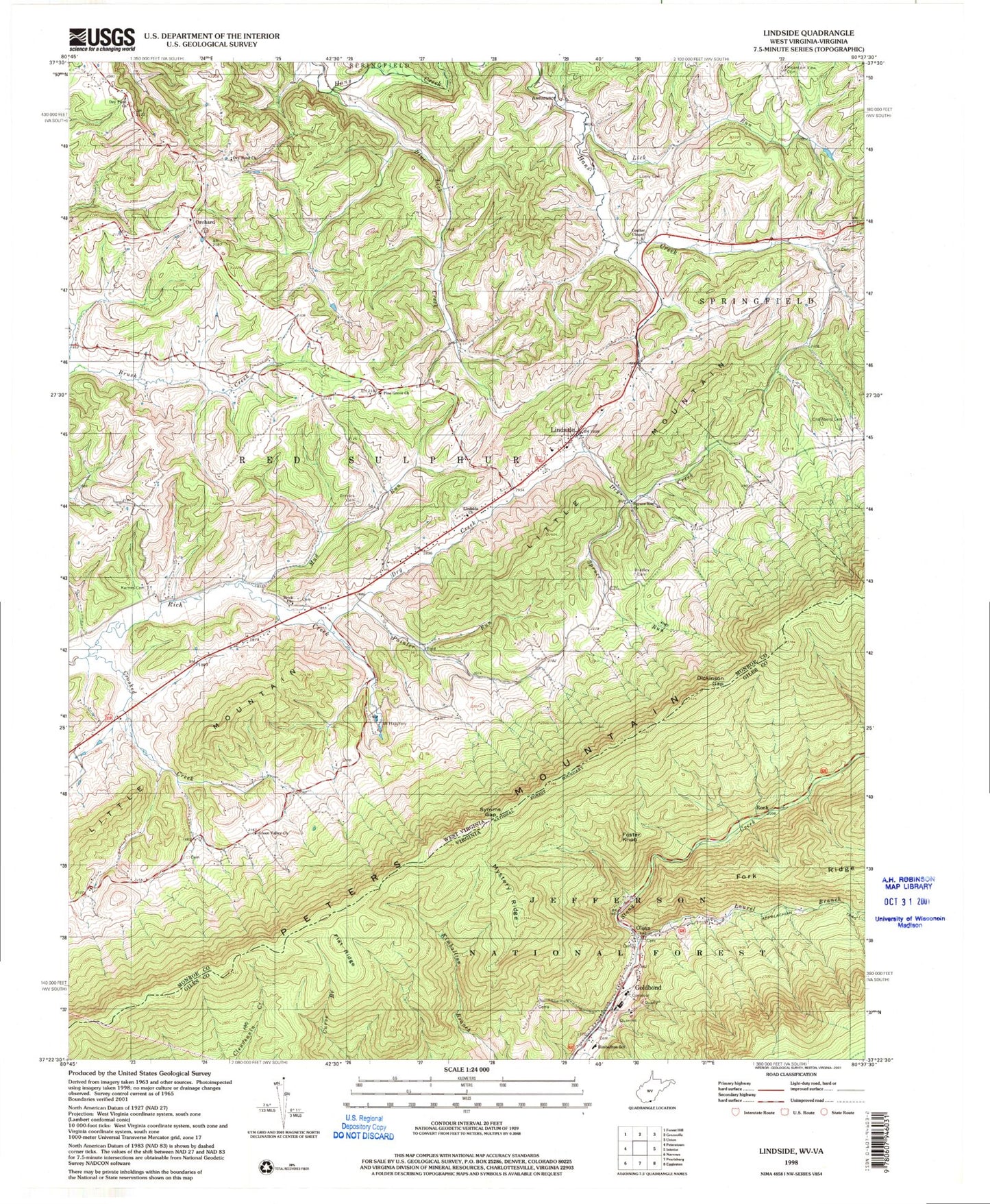 Classic USGS Lindside West Virginia 7.5'x7.5' Topo Map Image