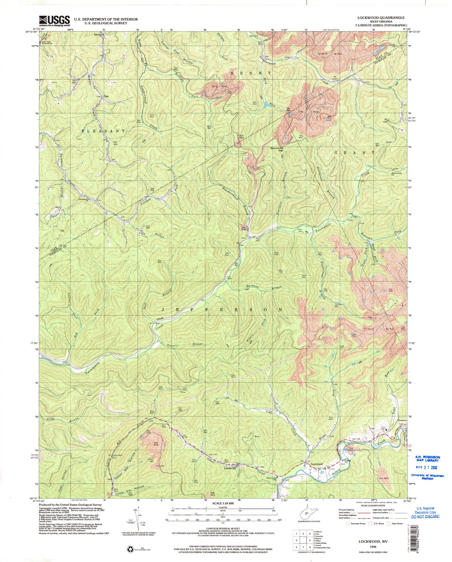 Classic USGS Lockwood West Virginia 7.5'x7.5' Topo Map Image