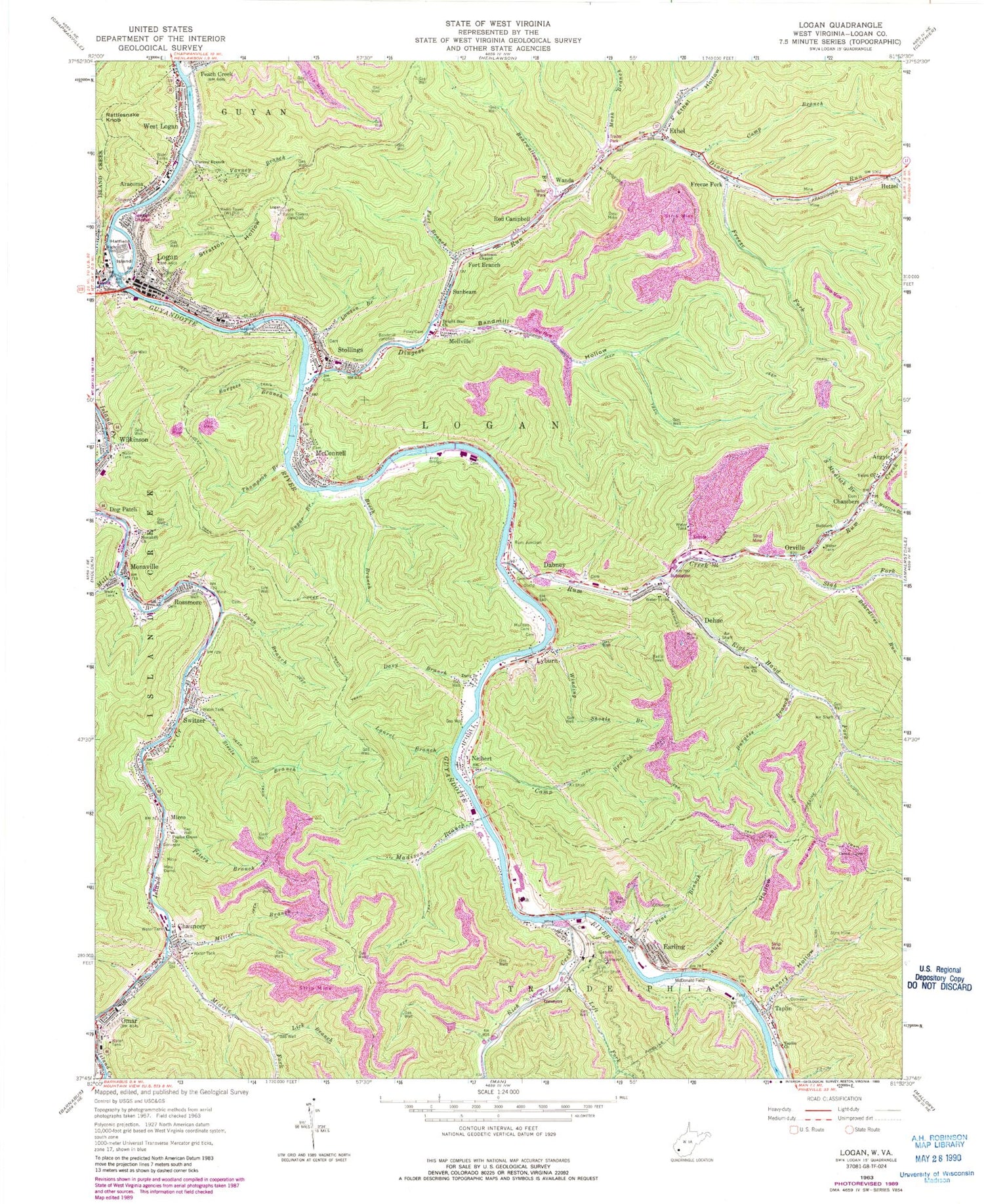 Classic USGS Logan West Virginia 7.5'x7.5' Topo Map Image