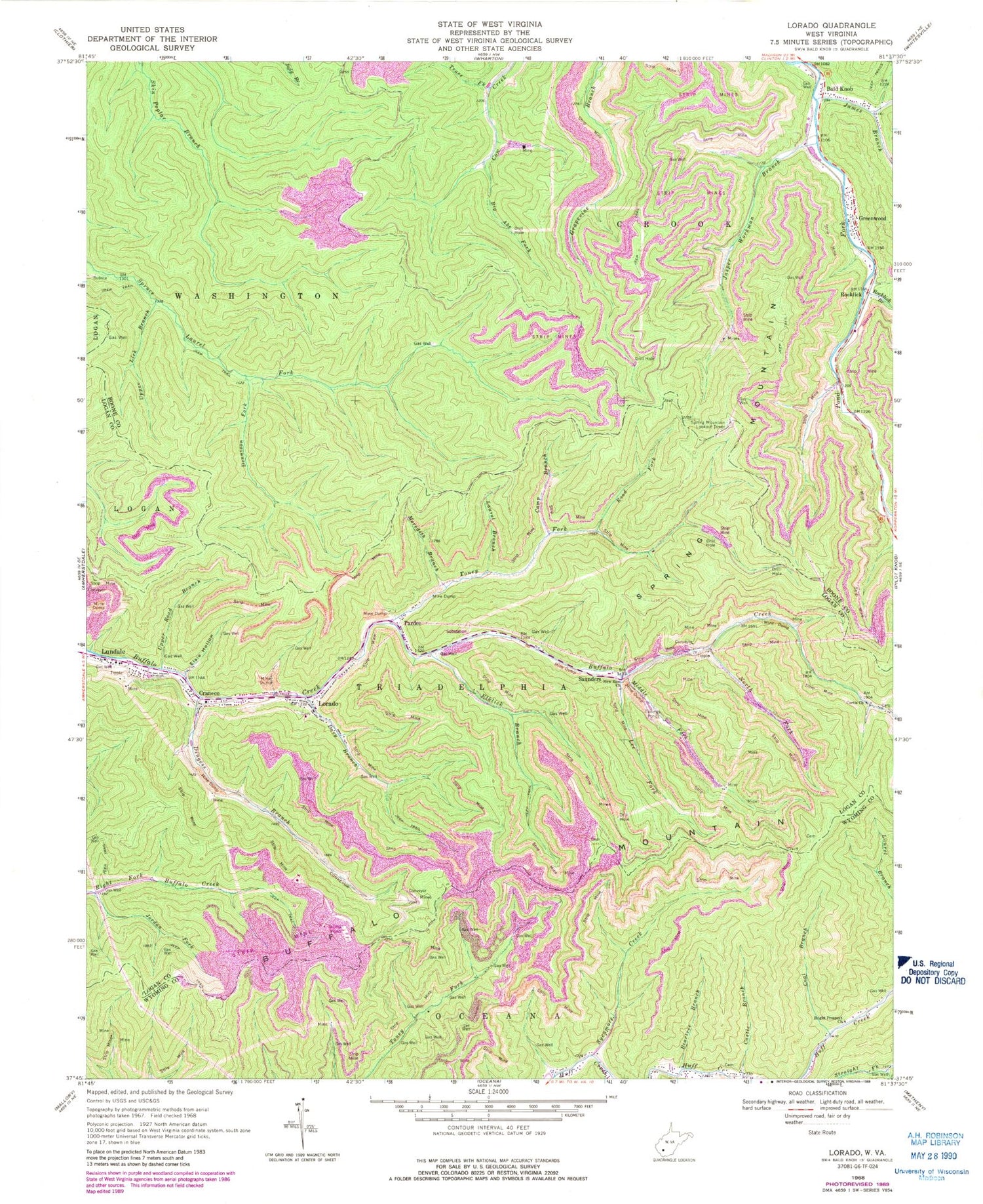 Classic USGS Lorado West Virginia 7.5'x7.5' Topo Map Image