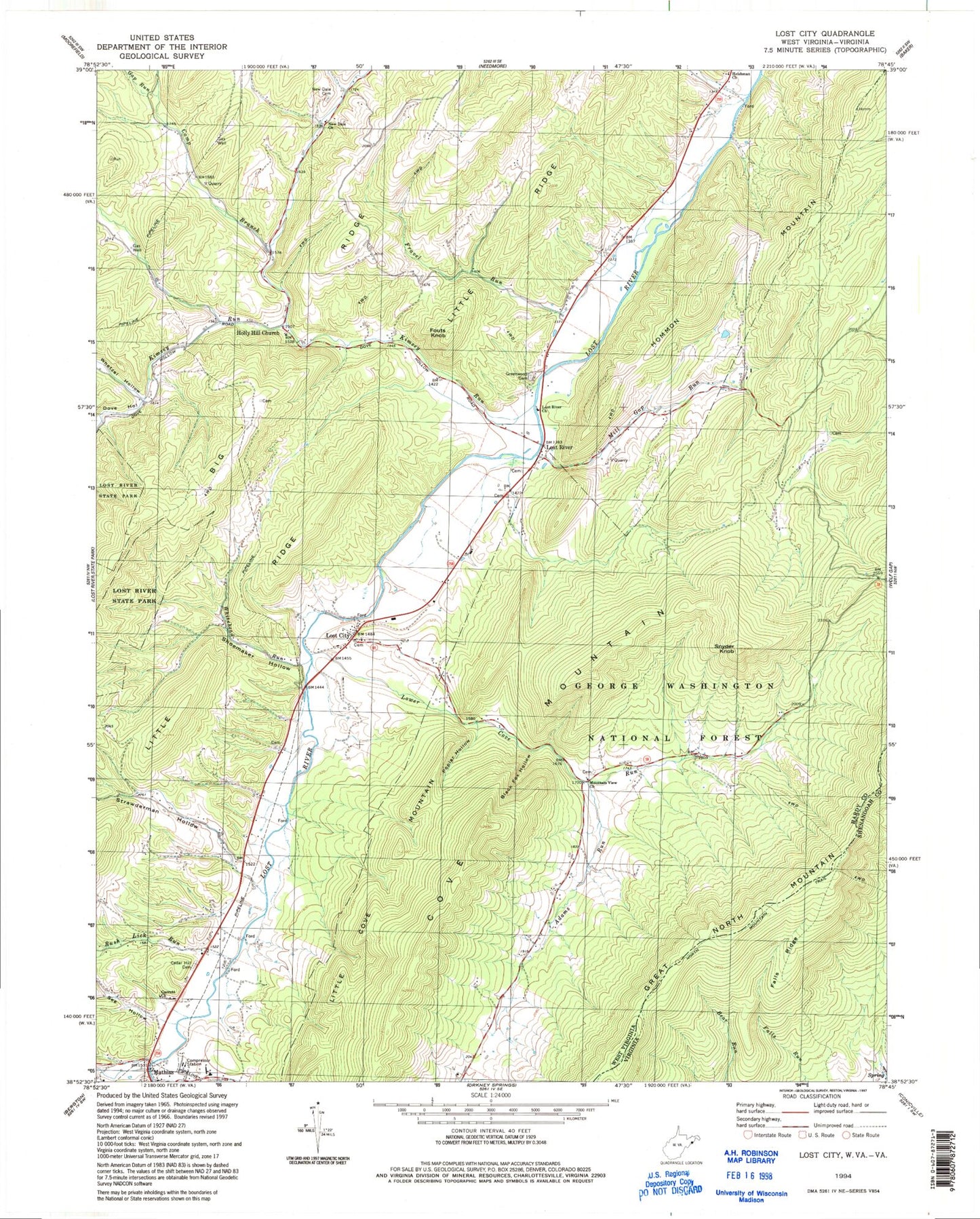 Classic USGS Lost City West Virginia 7.5'x7.5' Topo Map Image