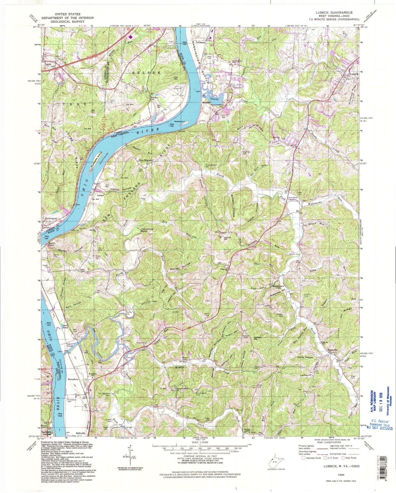 Classic USGS Lubeck West Virginia 7.5'x7.5' Topo Map Image
