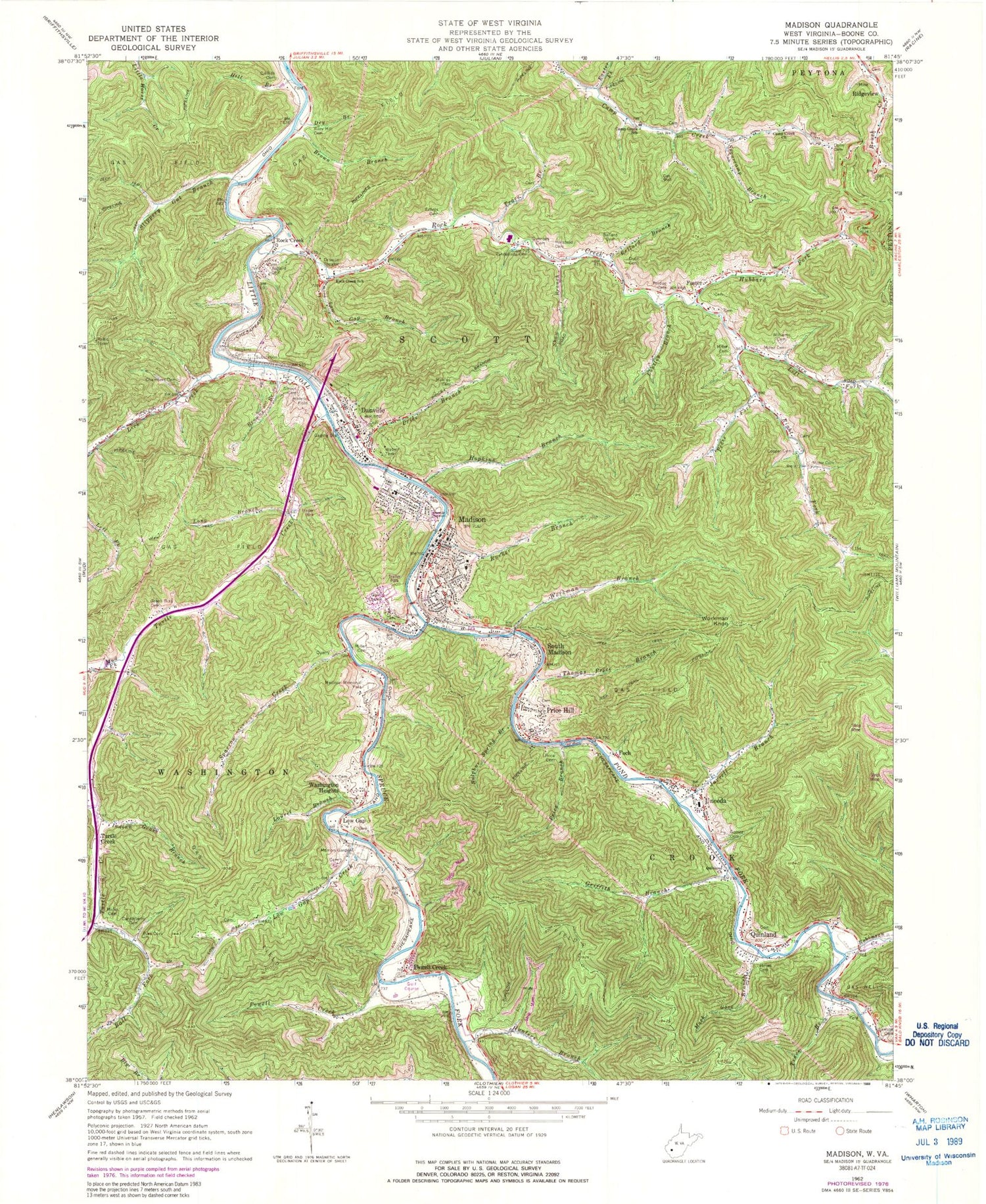 Classic USGS Madison West Virginia 7.5'x7.5' Topo Map Image