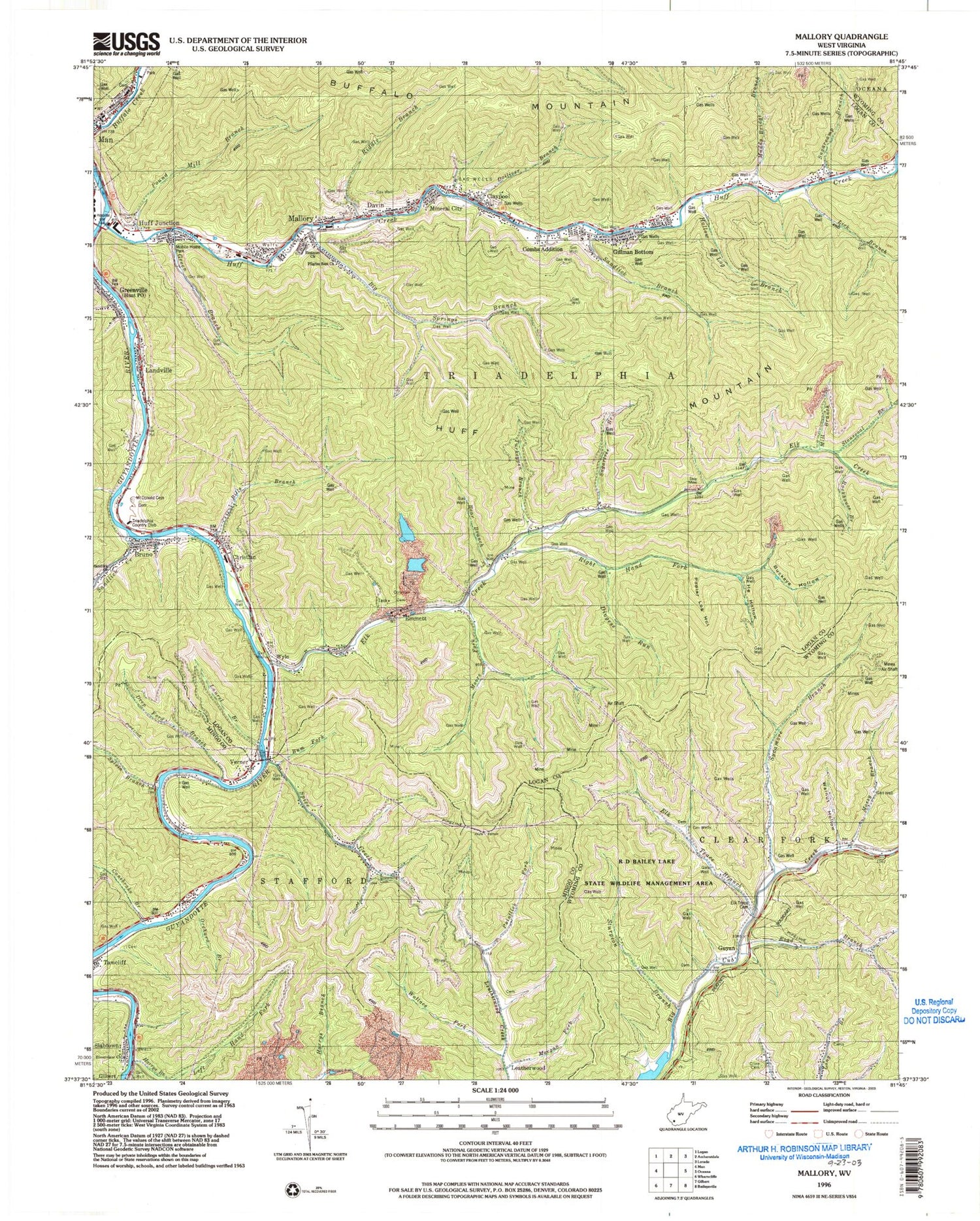 Classic USGS Mallory West Virginia 7.5'x7.5' Topo Map Image