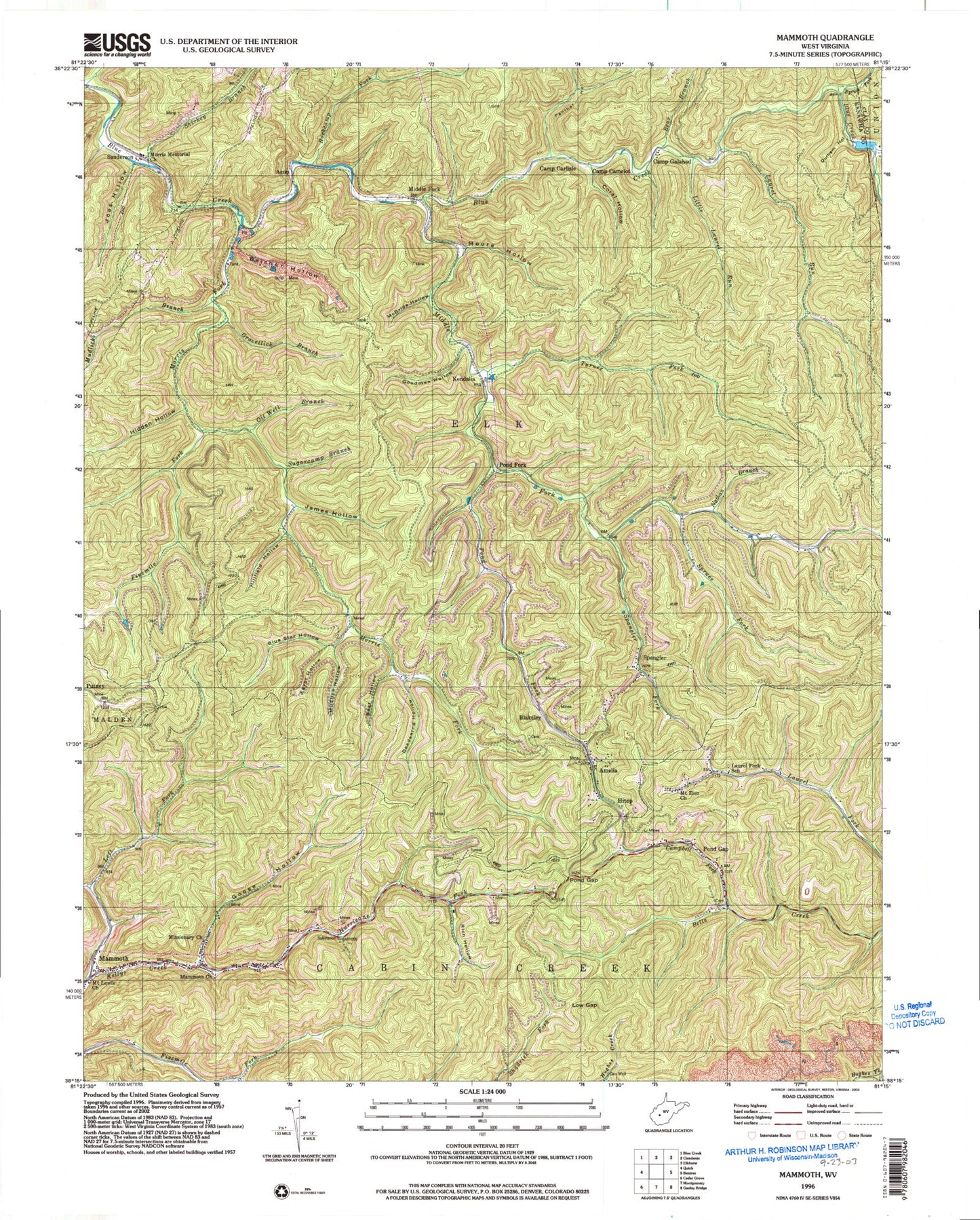 Classic USGS Mammoth West Virginia 7.5'x7.5' Topo Map Image