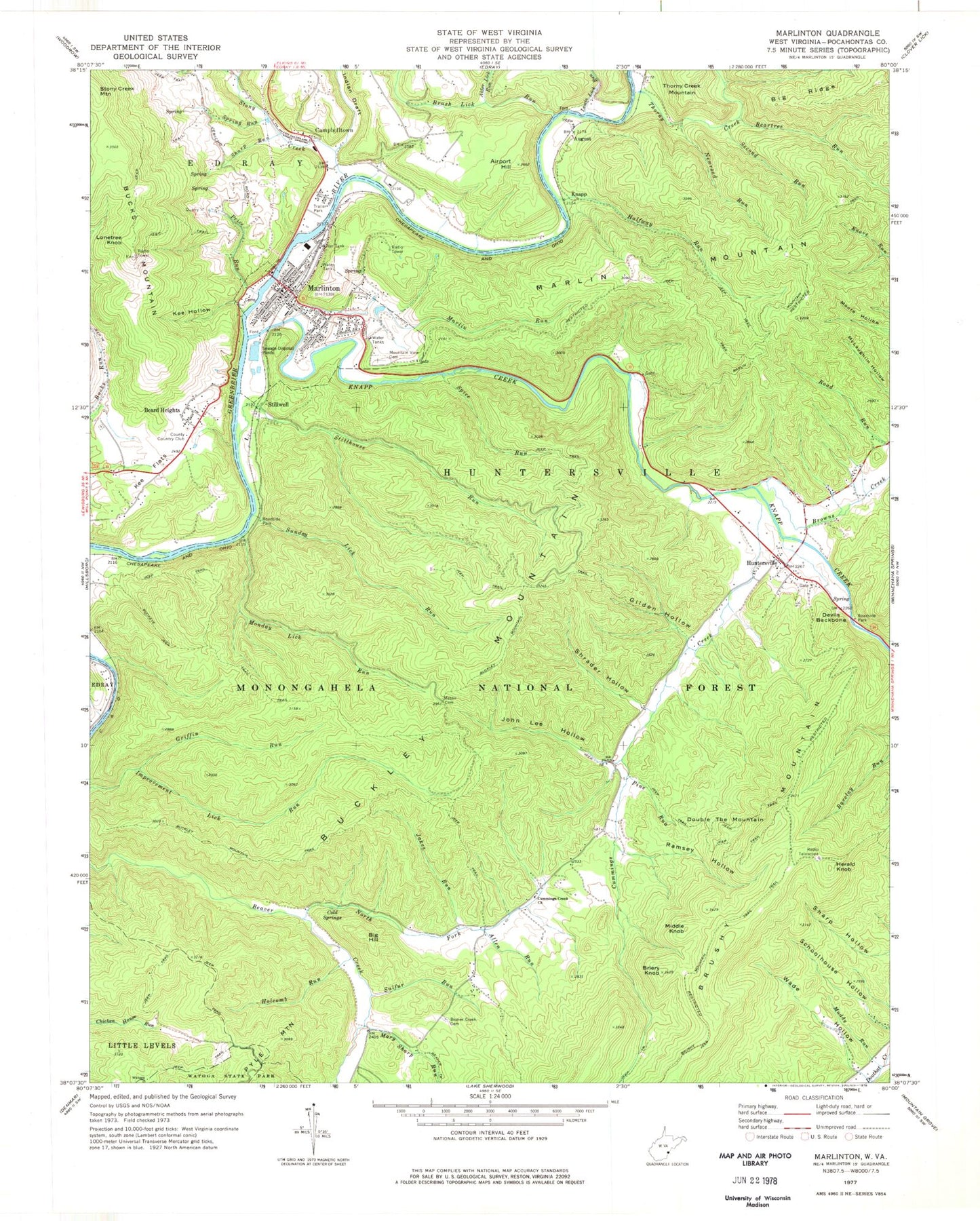 Classic USGS Marlinton West Virginia 7.5'x7.5' Topo Map Image