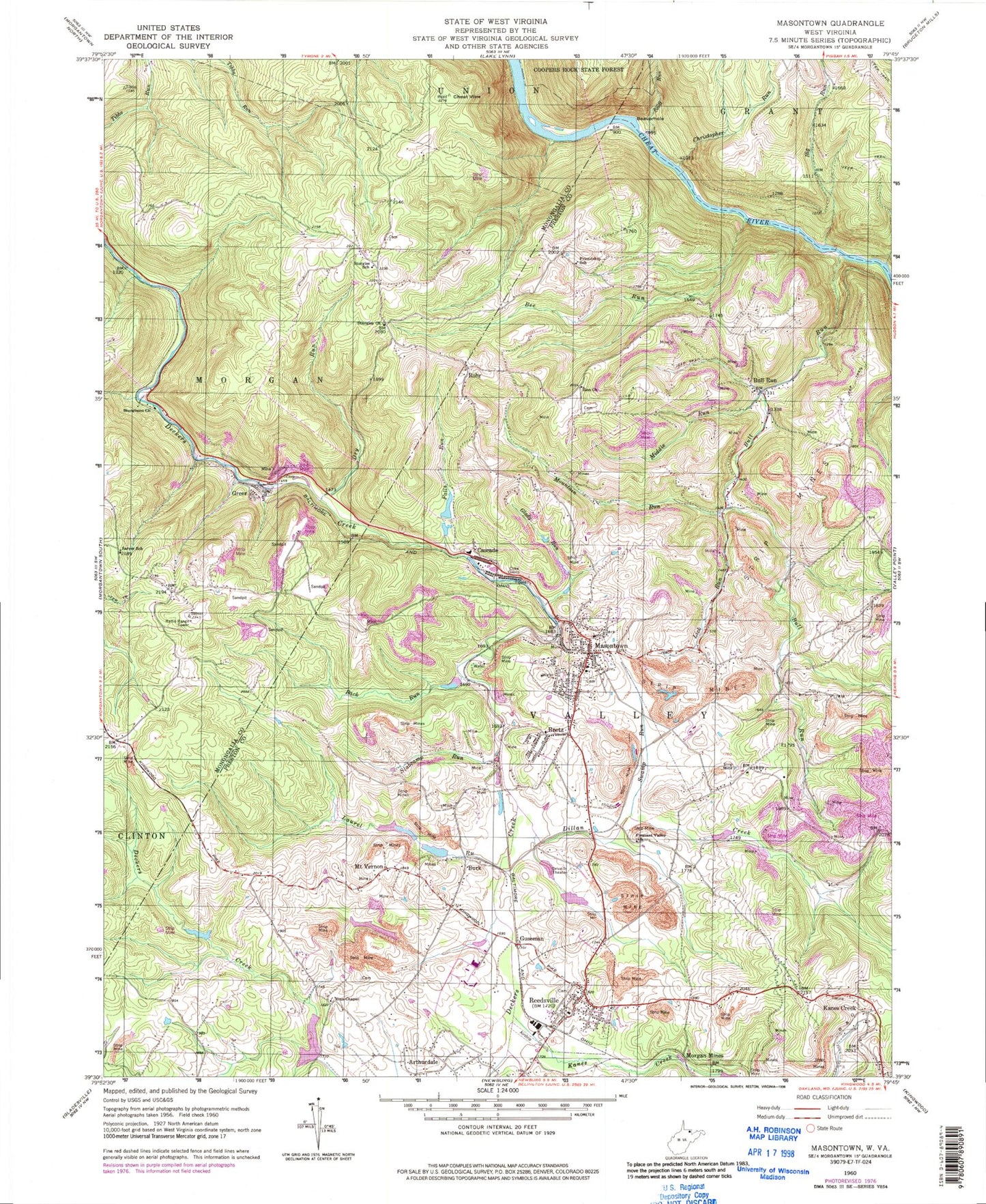 Classic USGS Masontown West Virginia 7.5'x7.5' Topo Map Image