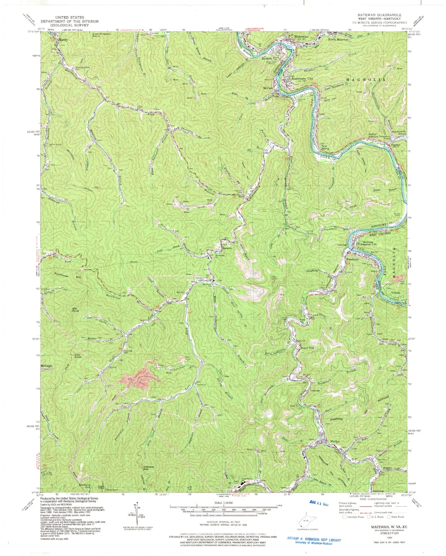 Classic USGS Matewan West Virginia 7.5'x7.5' Topo Map Image